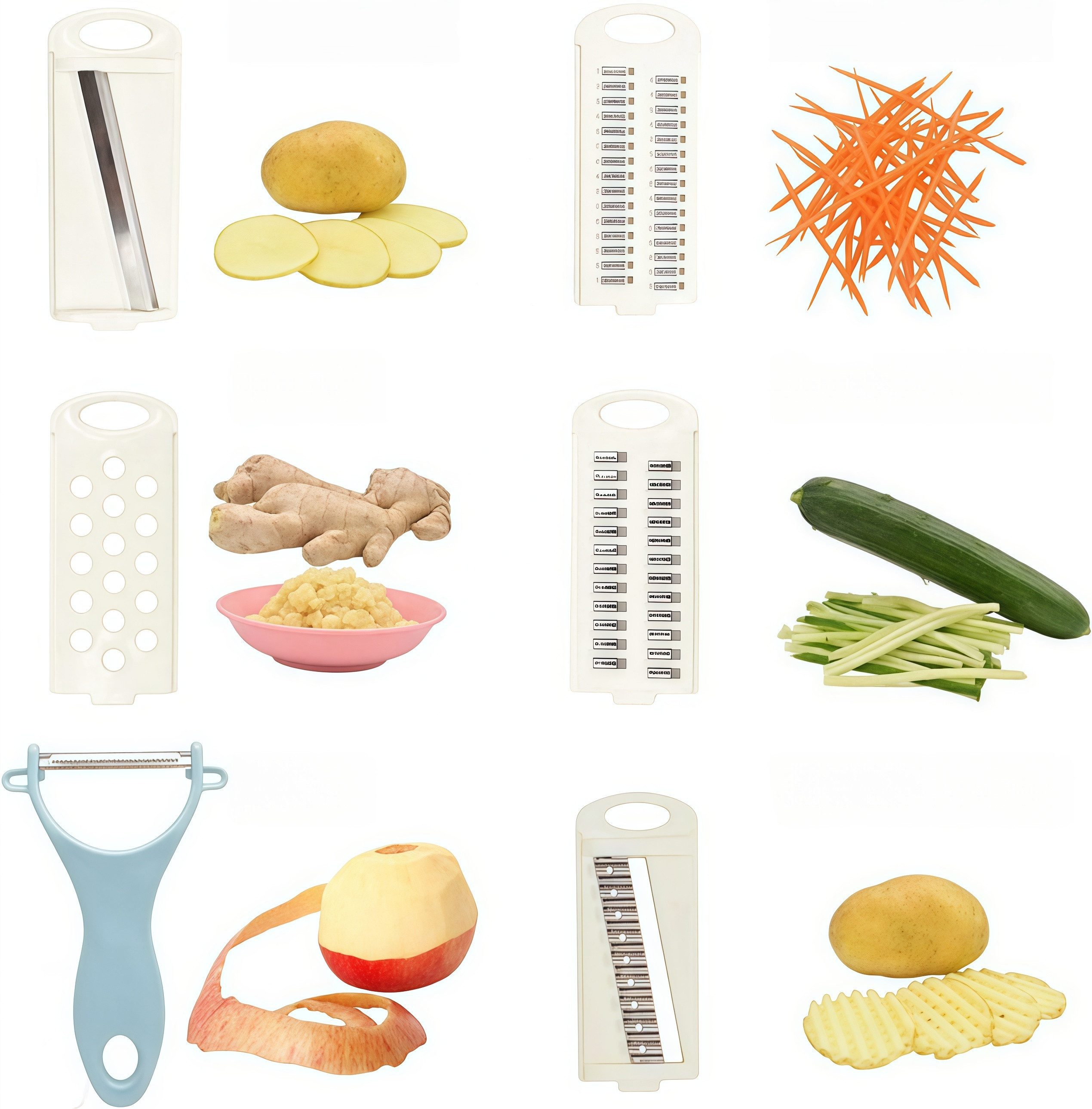 FOUORTUNATE-BEE Gemüsehobel 5-in-1 Multifunktionaler Gemüseschneider – 7-teiliges Set, Praktisches Küchenset für Gemüse, Obst und mehr