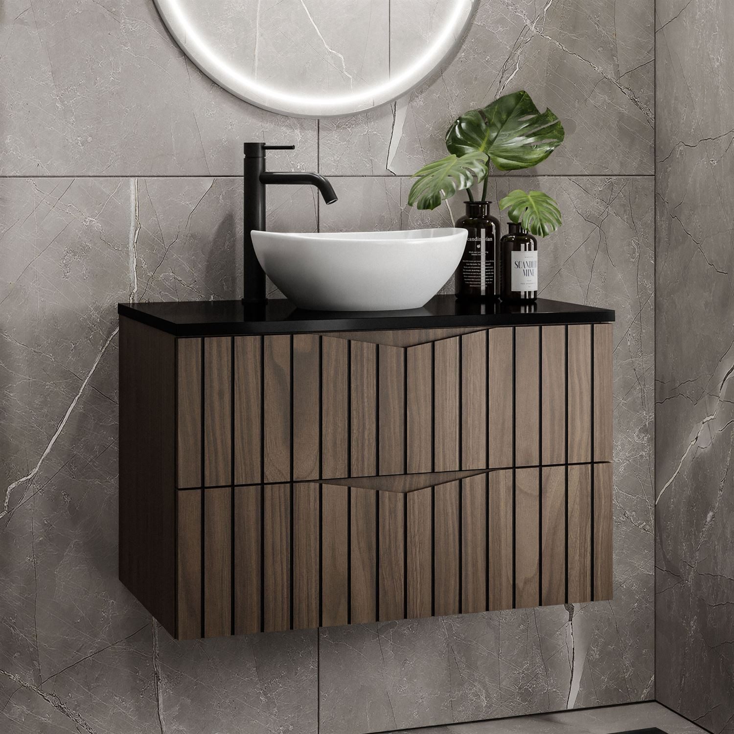 Lookway Badmöbel-Set Badmöbel-Set HIKARI II 80 cm Hängeschrank mit Aufsatzwaschbecken, (Badezimmerschrank mit wählbarem Becken und Armatur), mit Soft-Close-System