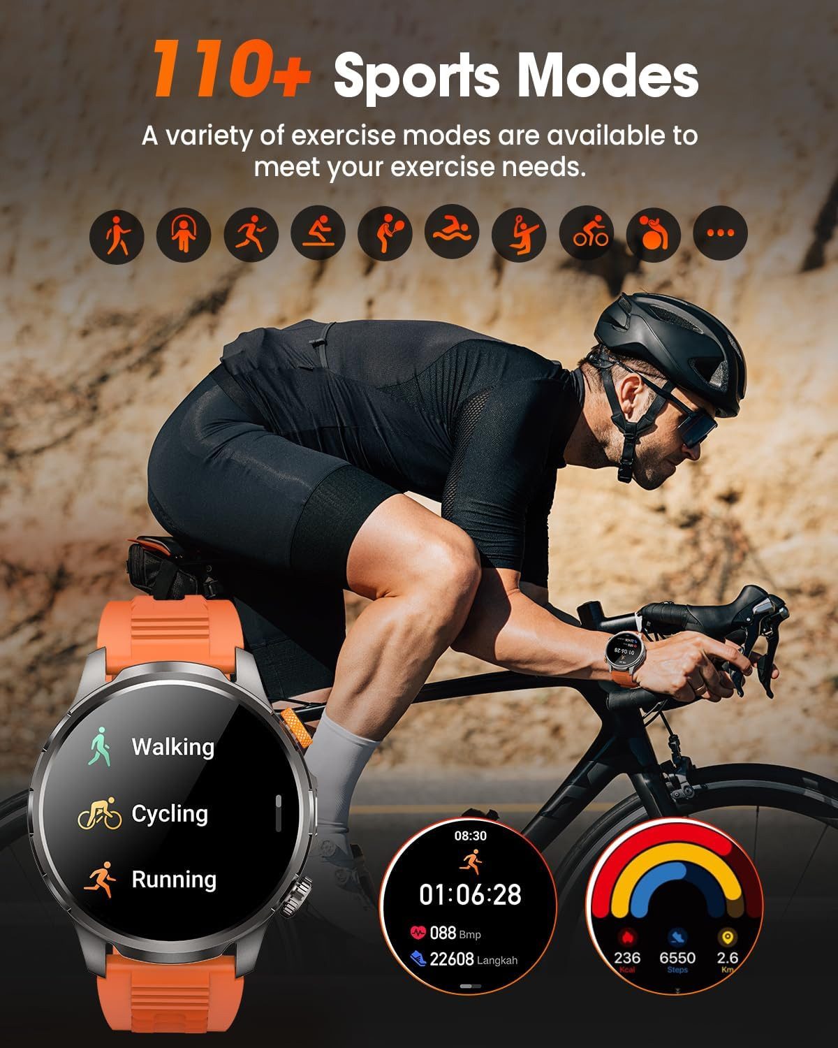 Zevelora Herren Militär, 1000mAH Akku Telefonfunktion, 5 ATM Wasserdicht Smartwatch (1,91 Zoll, Android/iOS), mit LED Taschenlampe 110+ Sportmodi/SpO2/Herzfrequenz/Schlafmonitor
