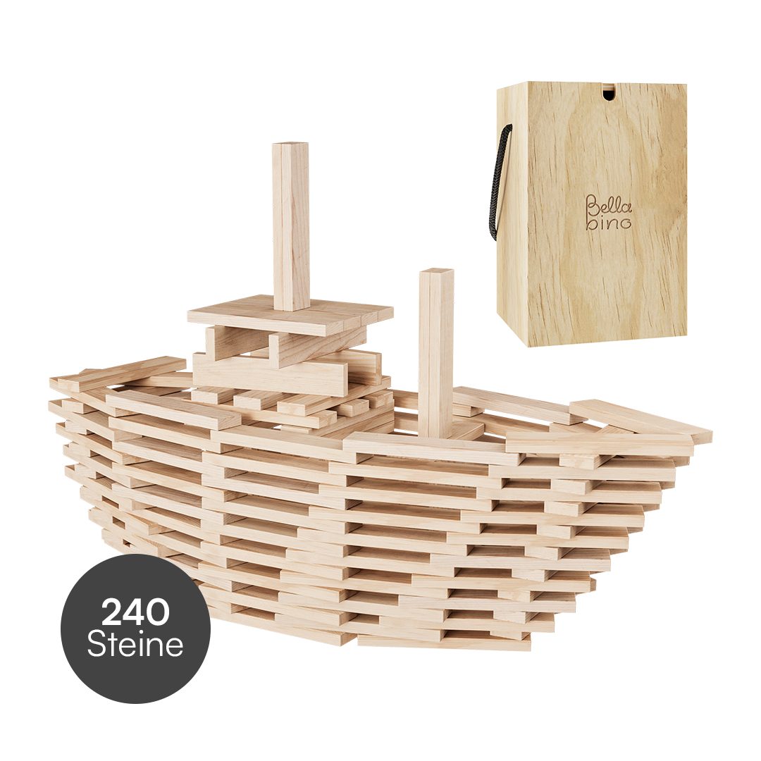 Bellabino Sabino Spielbausteine, (240 Stück), Holzbausteine zum Bauen & Basteln, Kiefernholz natur, ab 3 Jahren
