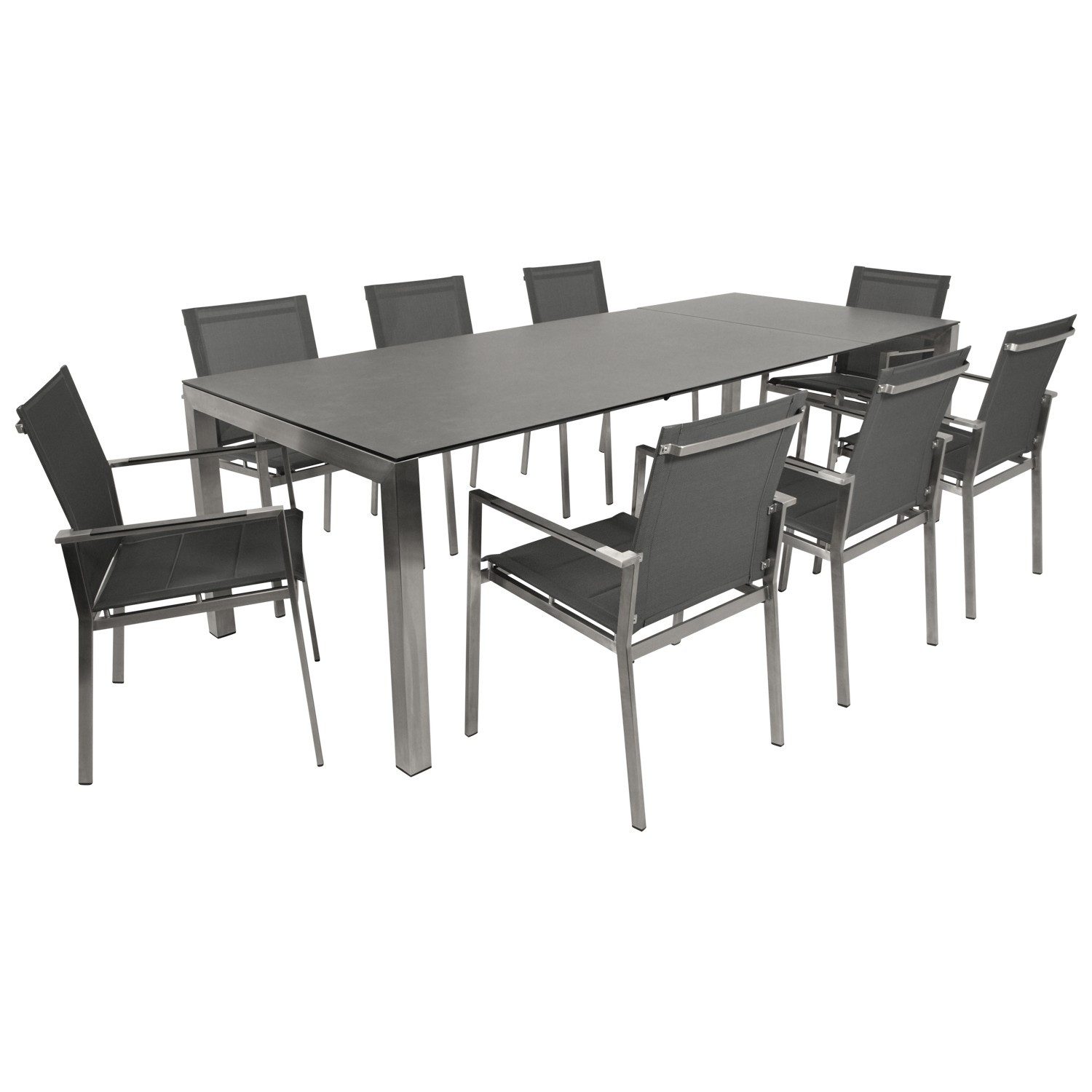 DEGAMO Garten-Essgruppe SYDNEY Edelstahl, (9-tlg., 8x Stapelsessel, 1x Ausziehtisch 180/240x100cm), Oberfläche gebürstet, Tischplatte Keramikoptik ausziehbar, wetterfest
