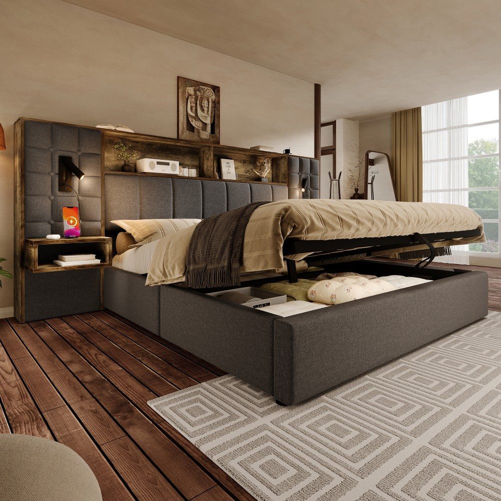 SIKAINI Polsterbett Polsterbett, in Beige, aus MDF (Set, Bettgestell ohne Matratze), Bettgestell mit Lattenrost