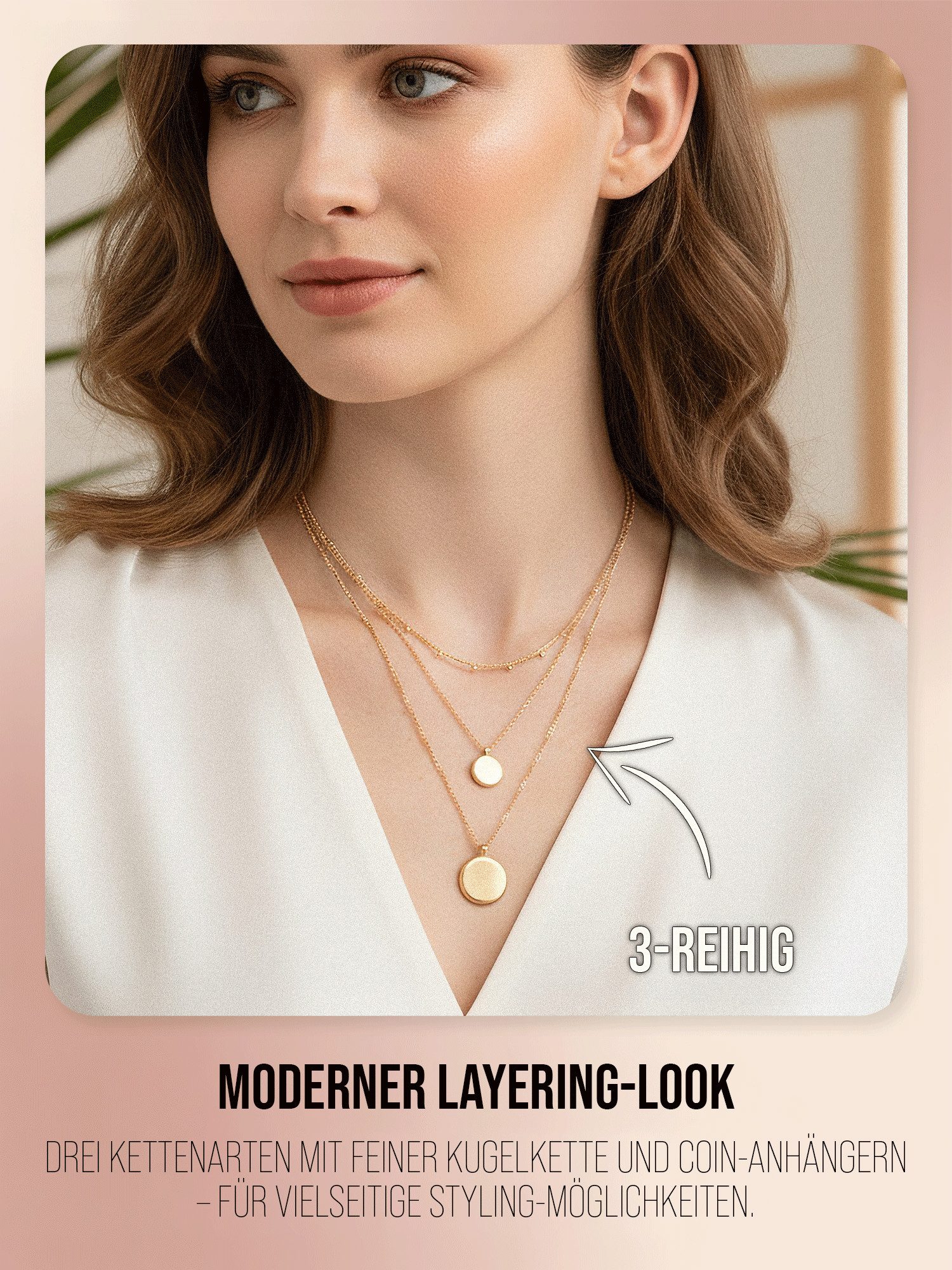 THIORA Ketten-Set Halskette „Capri Coin“ – Dreireihig, Layering, Edelstahl, Verstellbar, dreireihig, Layering-Look, verstellbar, wasserfest, hypoallergen – Bild 4 von 5