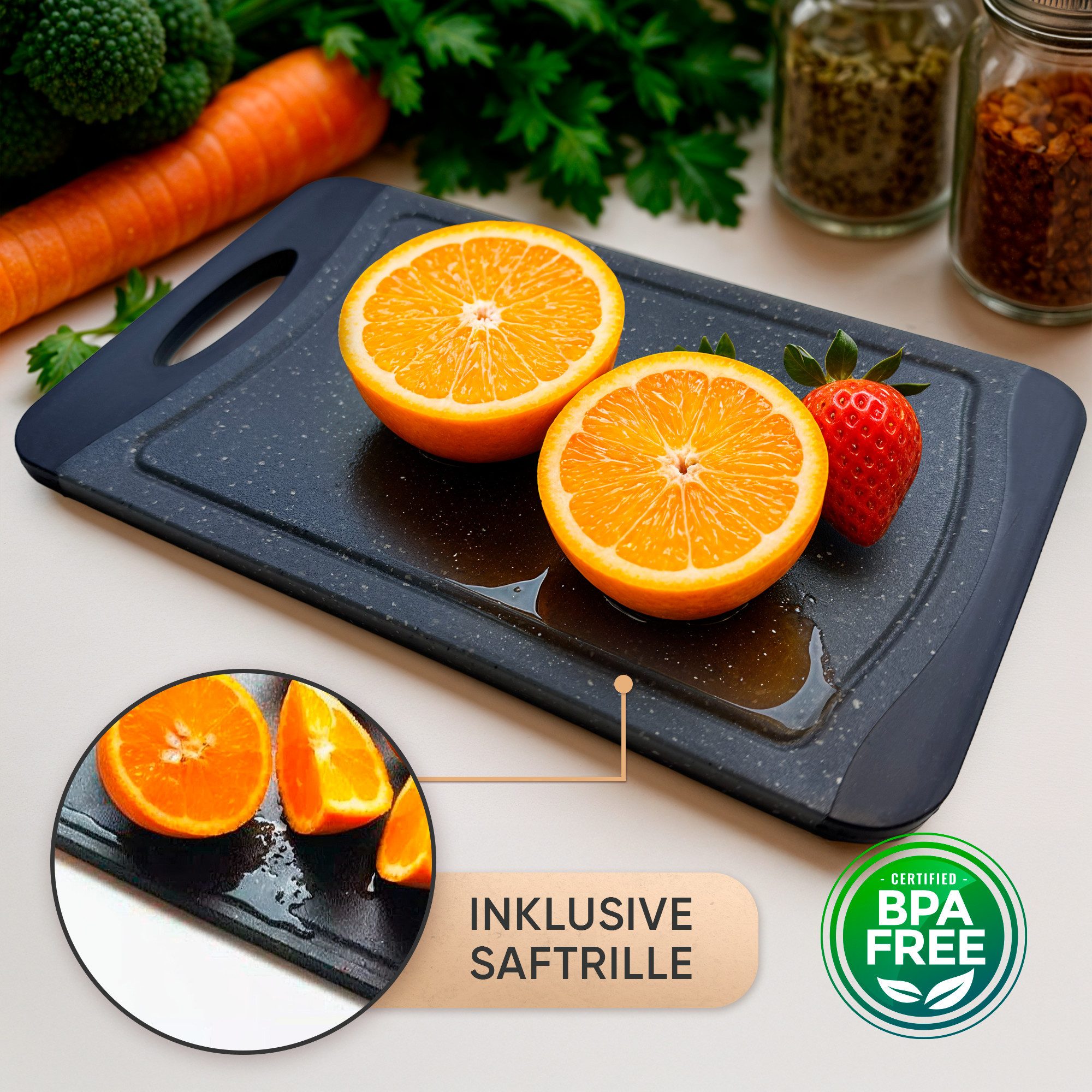 NEOFLAM® Schneidebrett Flutto Antibakterielles Frühstücksbrettchen Set 4tlg. - Granit/Schwarz, Kunststoff (PP), (4-St) – Bild 4 von 5