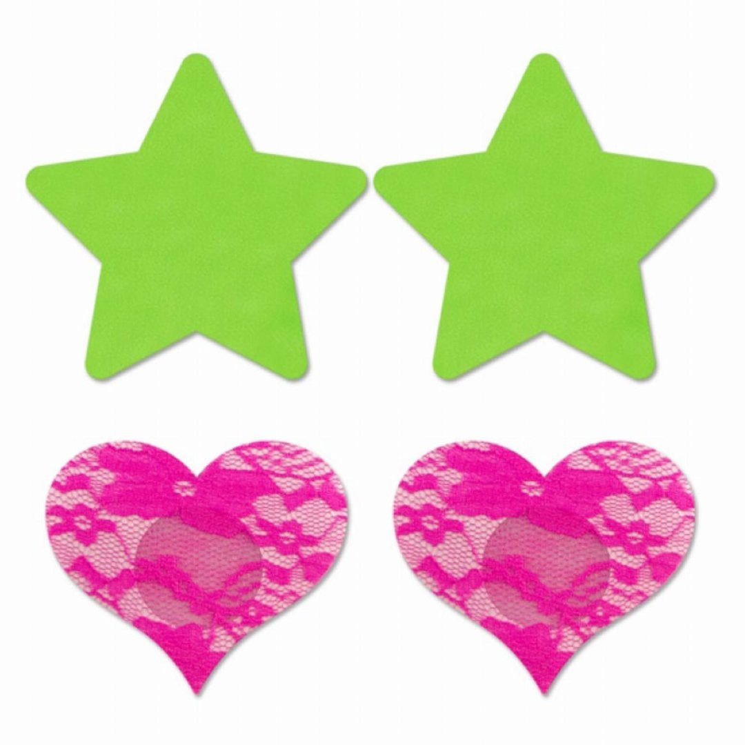 GLOW Fantasy Lingerie Brustwarzenabdeckung Nippelpasties Stern & Herz 2 Paar fluoreszierend - Neongrün/Neonpink