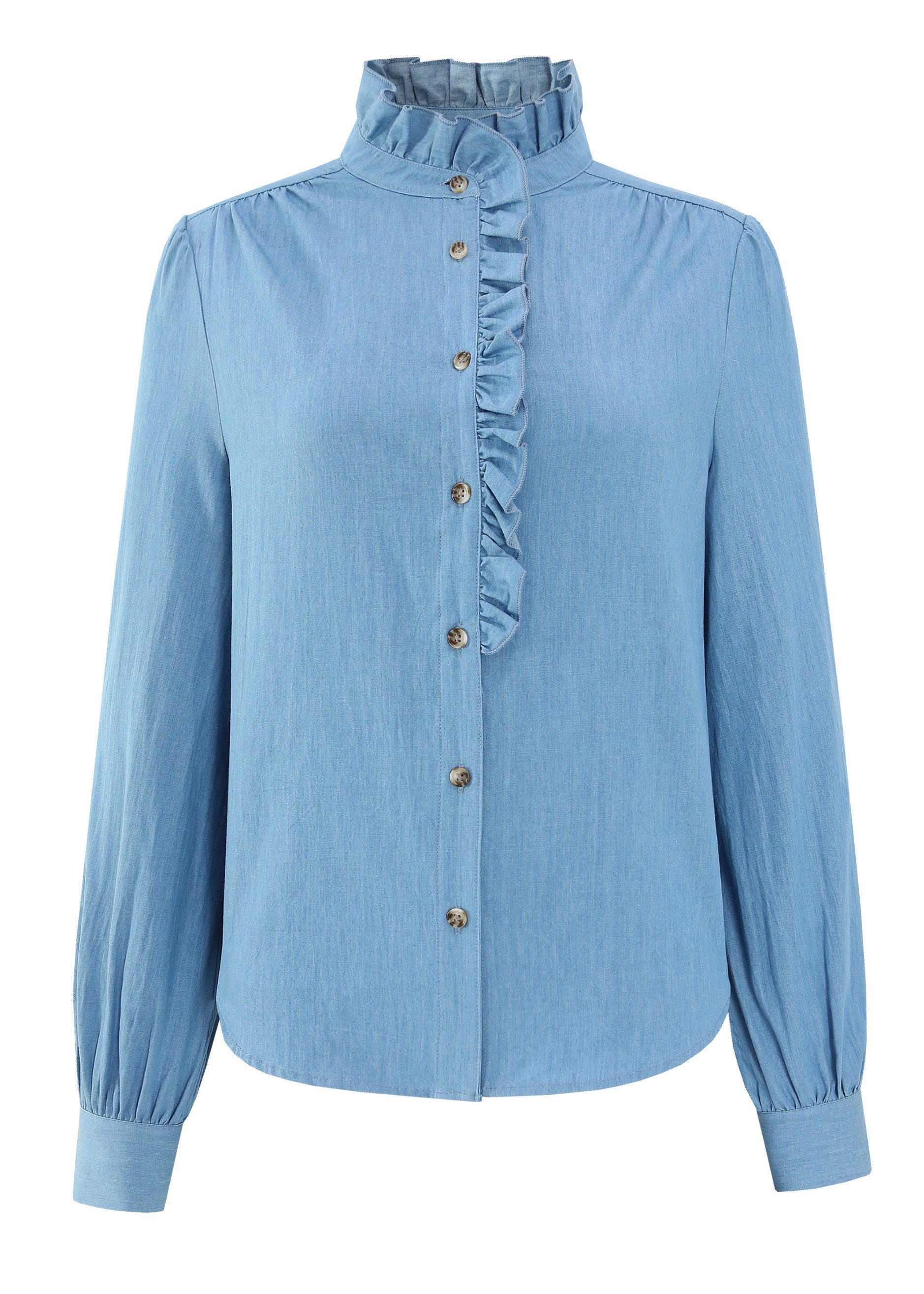 SASSYCLASSY Langarmbluse Denim Bluse mit Rüschen für Damen Elegante Bluse m günstig online kaufen