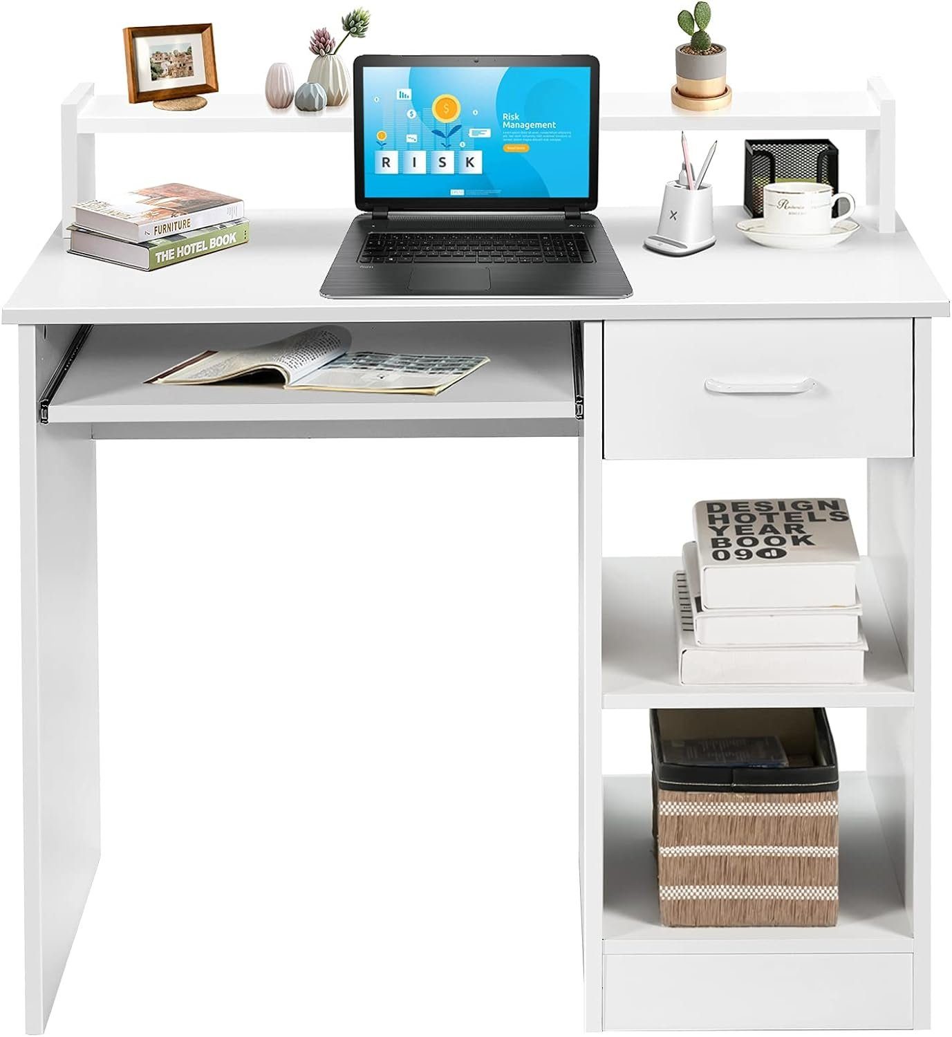 KOMFOTTEU Schreibtisch Arbeitstisch, mit Tastaturauszug, für Home Office weiß