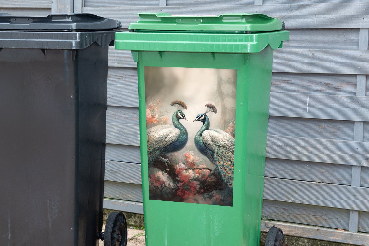 MuchoWow Wandsticker Pfaue - Pfauenfedern Vögel Natur Abfalbehälter - Mülleimer-aufkleber, - Sticker, (1 St), Container, Mülltonne