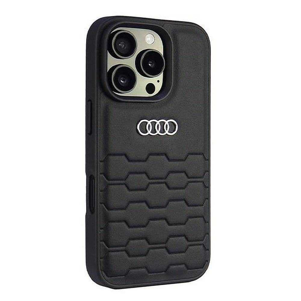 Audi Handyhülle Schutzhülle Smartphonehülle Rückschale 6,3 Zoll, Kunstleder, Metall-Logo, Hardcase, erhöhte Ränder
