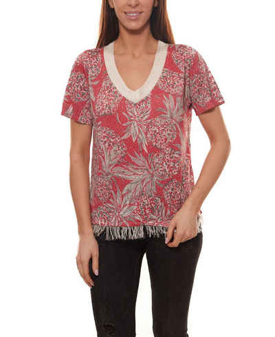 TUZZI Rundhalsshirt TUZZI Strick-Shirt modisches Damen Fransen-Shirt mit Ananas-Druck Langarm-Shirt Rot/Weiß
