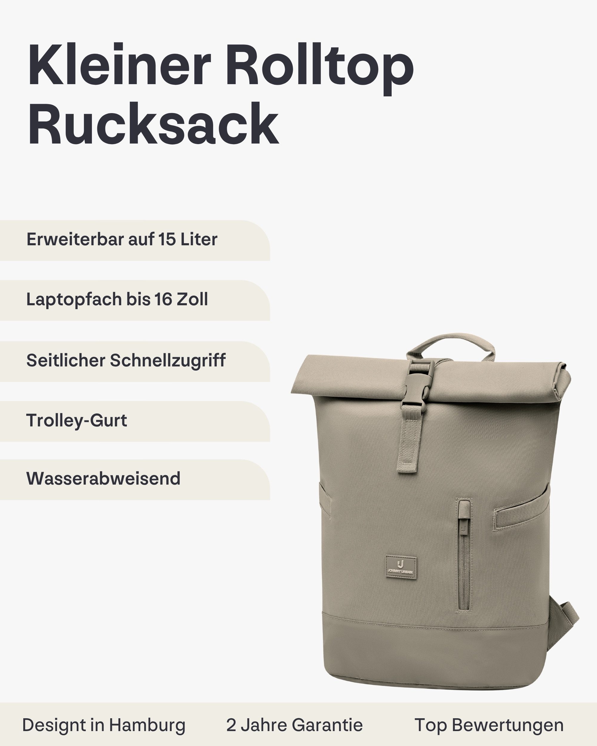 Johnny Urban Cityrucksack Luca Small Rolltop Rucksack (1-tlg), Gepolstertes Laptopfach, Wasserabweisend
