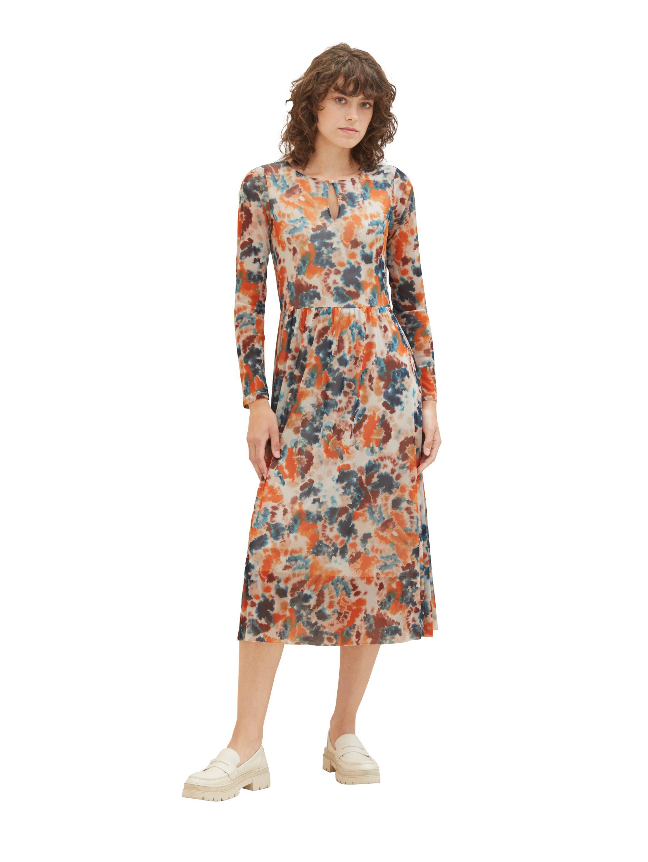 TOM TAILOR Midikleid floral mit orange Struktur tie dye grey