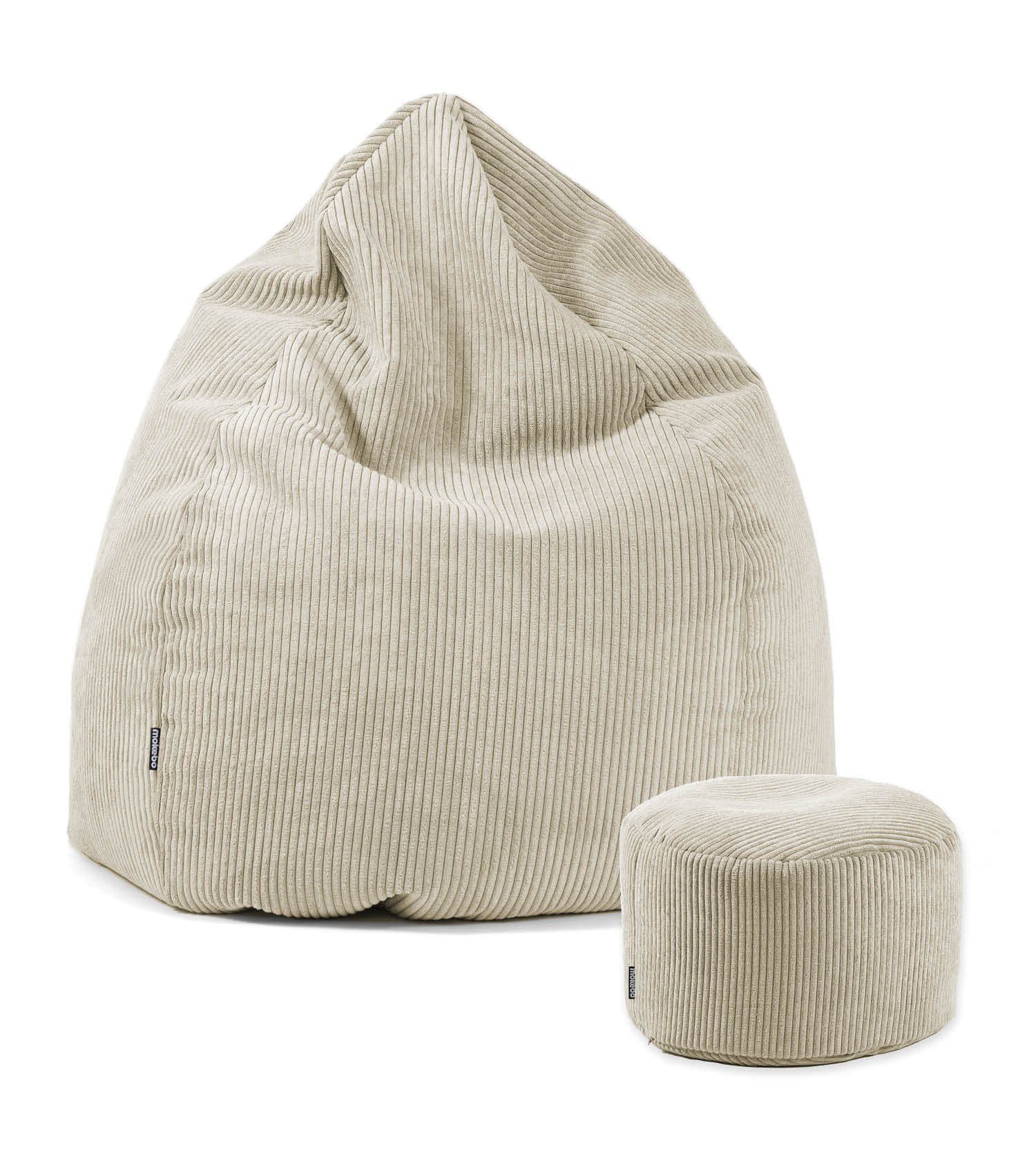 mokebo Sitzsack Der Tagträumer (mit als Bean mit Pouf Puff Hocker), Set aus in Sitzkissen Beige, Cordstoff mit Bag