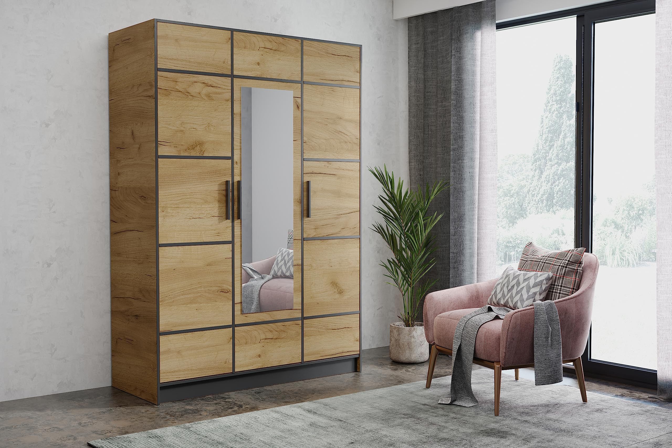 KIER FURNITURE Drehtürenschrank Kleiderschrank ROJ - 156.4 x 205 x 39 cm - Eiche Handwerk Gold