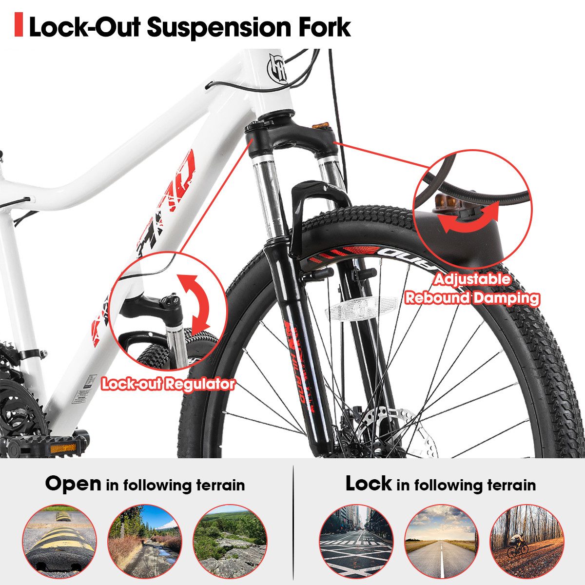 HILAND Mountainbike 26/27,5 Zoll Leichtgewichtiges bike für Frauen Ideal für alle Terrains, 21-Gang mit Lock-Out-Federgabel Dual-Scheibenbremsen, Aluminium-Rahmen
