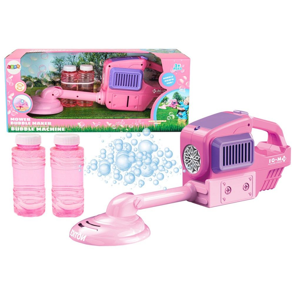LEAN TOYS Seifenblasenmaschine Seifenblasenspielzeug Spielzeugtrimmer Gartenspaß, 2 Seifenblasenflüssigkeiten, Trimmer-Optik, ab 3 Jahren