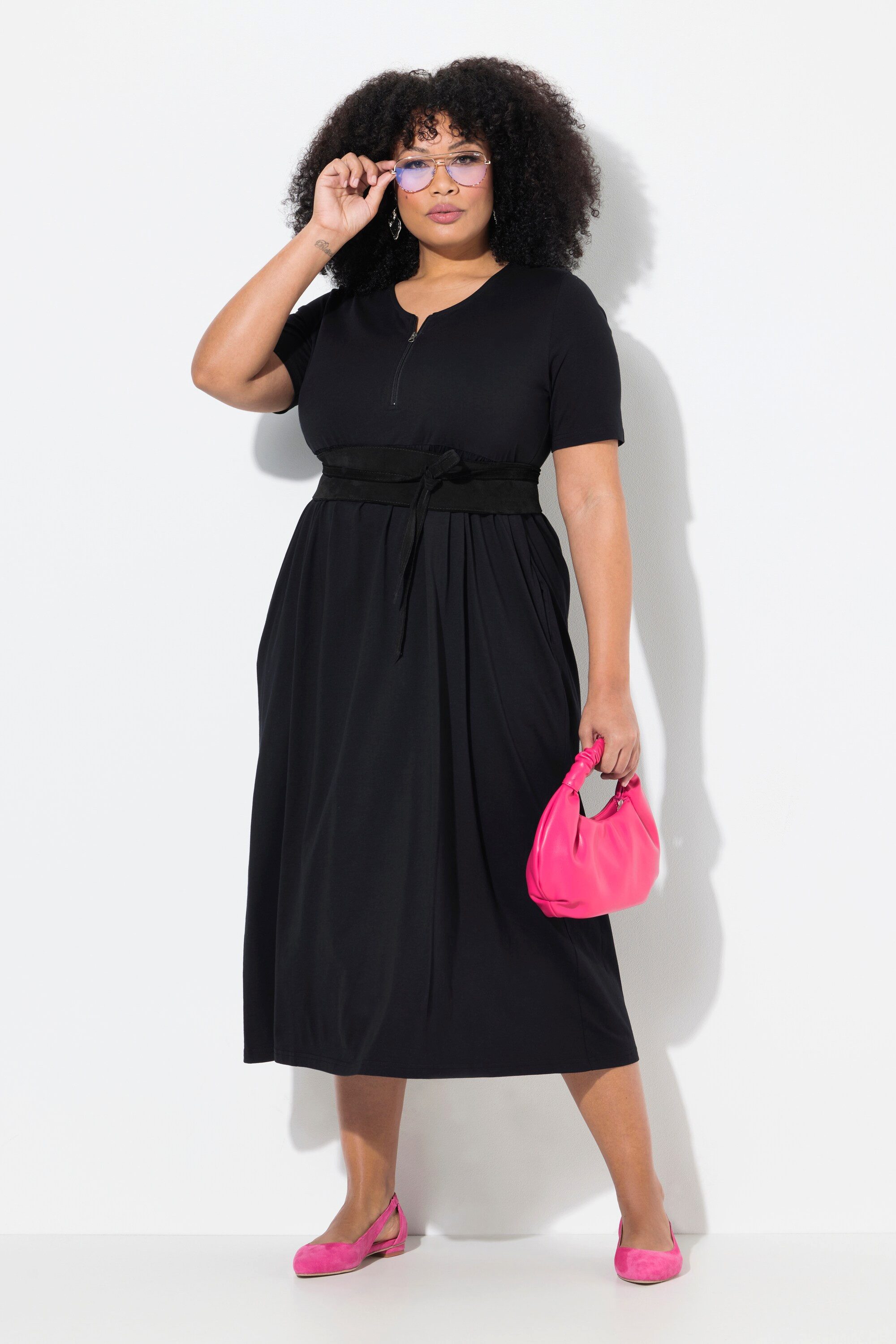 Maxikleid Maxikleid A-Linie Zipper V-Ausschnitt Halbarm