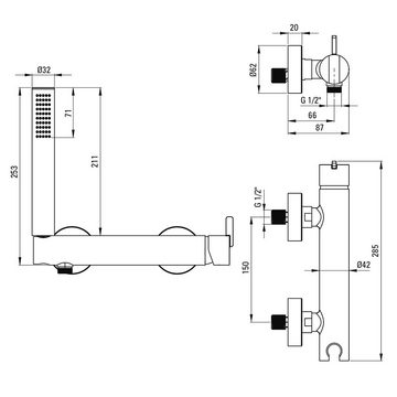 Lomadox Badarmatur SILIA-30 mit Duschbrause, schwarz