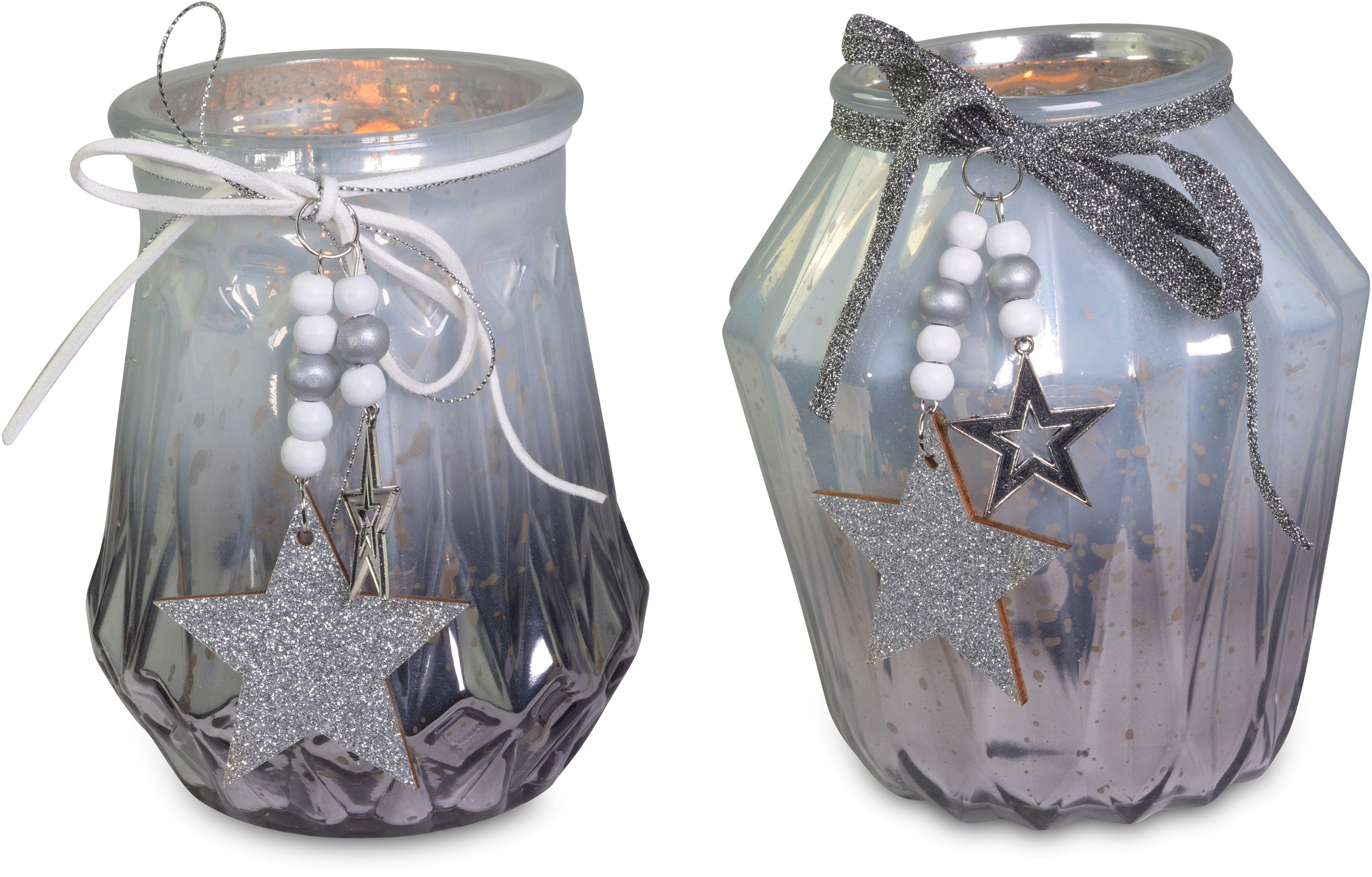 Glas, St), WEINBERGER Sterndeko Perlen Weihnachtsdeko & mit RIFFELMACHER (Set, Windlicht 2 aus und