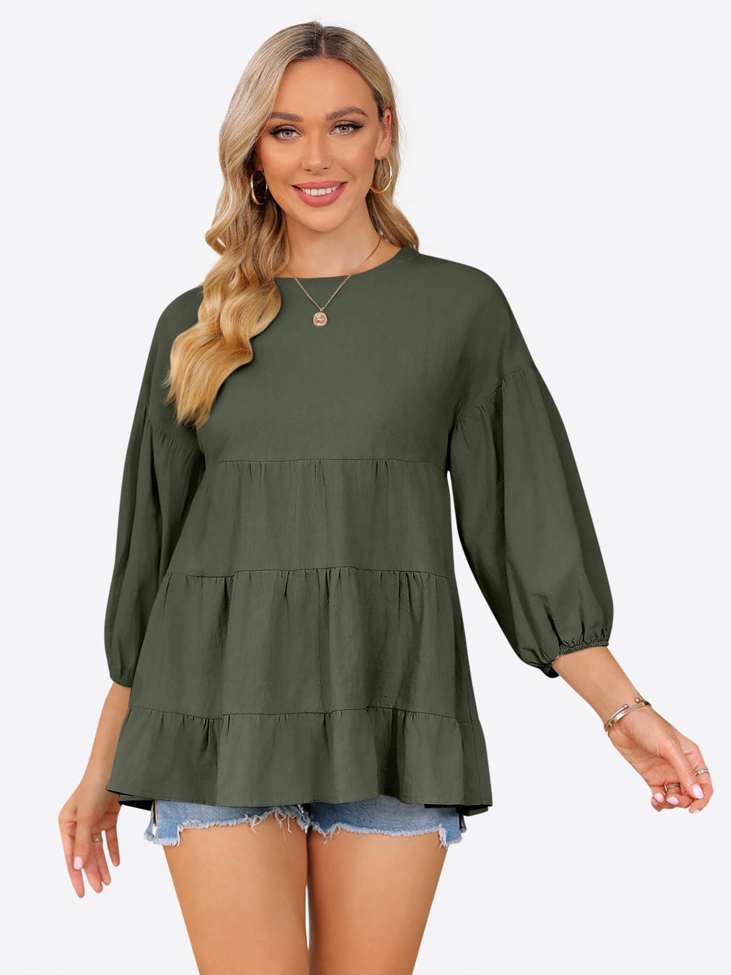 Imily Bela Blusenshirt Damen 3/4-Ärmel Puffärmel Rundhals Loose Top Babydoll (Packung, 1-tlg., 1per-Pack) aus Baumwolle in Unifarbe