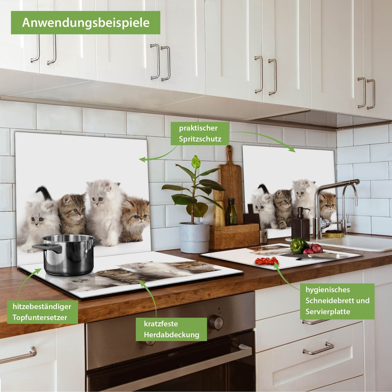 banjado Herd-Abdeckplatte einteilig aus Glas mit Motiv Kaetzchen, (gehärtet, 1 tlg., inkl. selbstklebende Gummifüßchen)