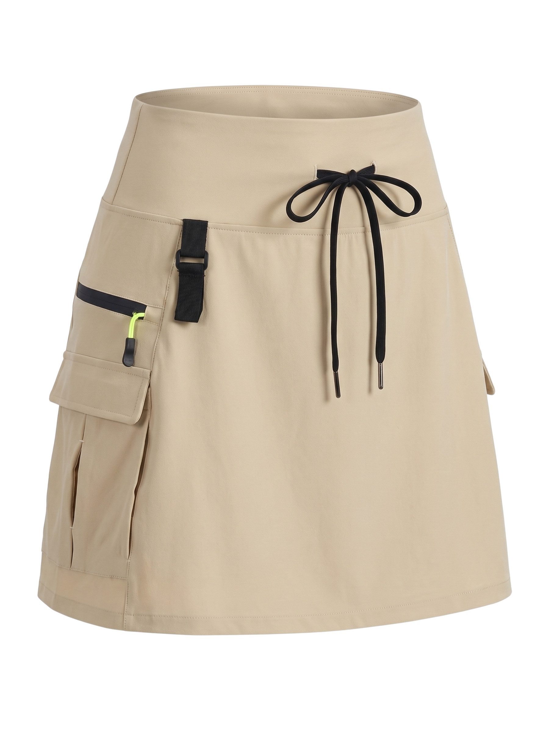 FemmeTone Minirock Damen Cargorock sportlich mit Taschen, kurzer Sommerrock mit Kordelzug Outdoorrock mit Reißverschlusstaschen, Freizeitrock elastischer Bund