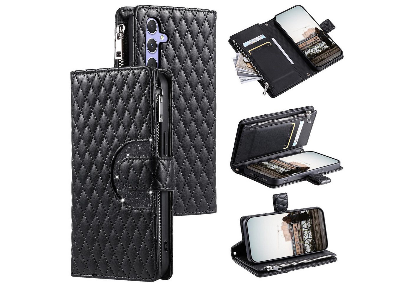 Wigento Handyhülle Für Samsung Galaxy A57 5G Kunstleder Glitzer Zipper Book Hülle Schwarz, Reißverschlussfach, Kartenfächer, Standfunktion