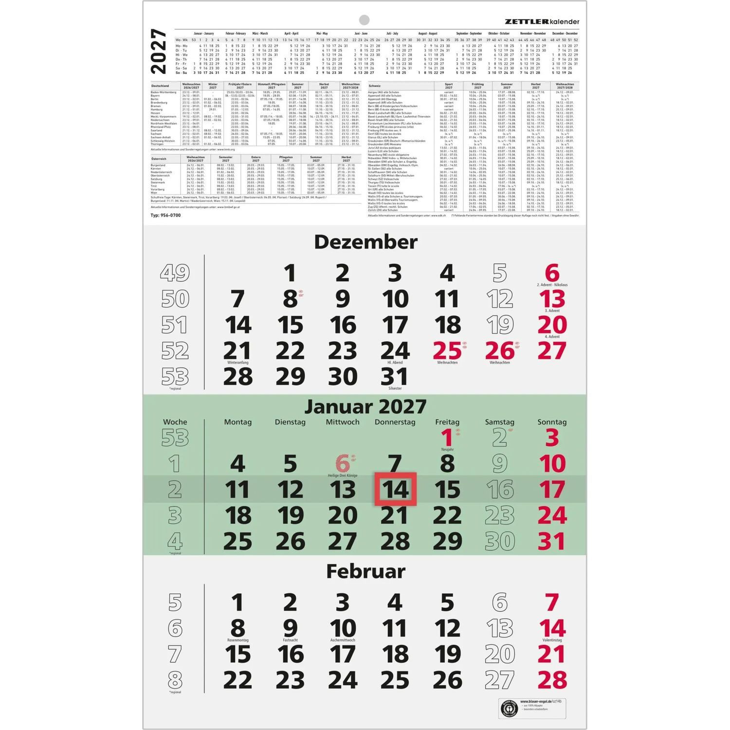 Wandkalender 3-Monatskalender grün Blauer Engel 2027