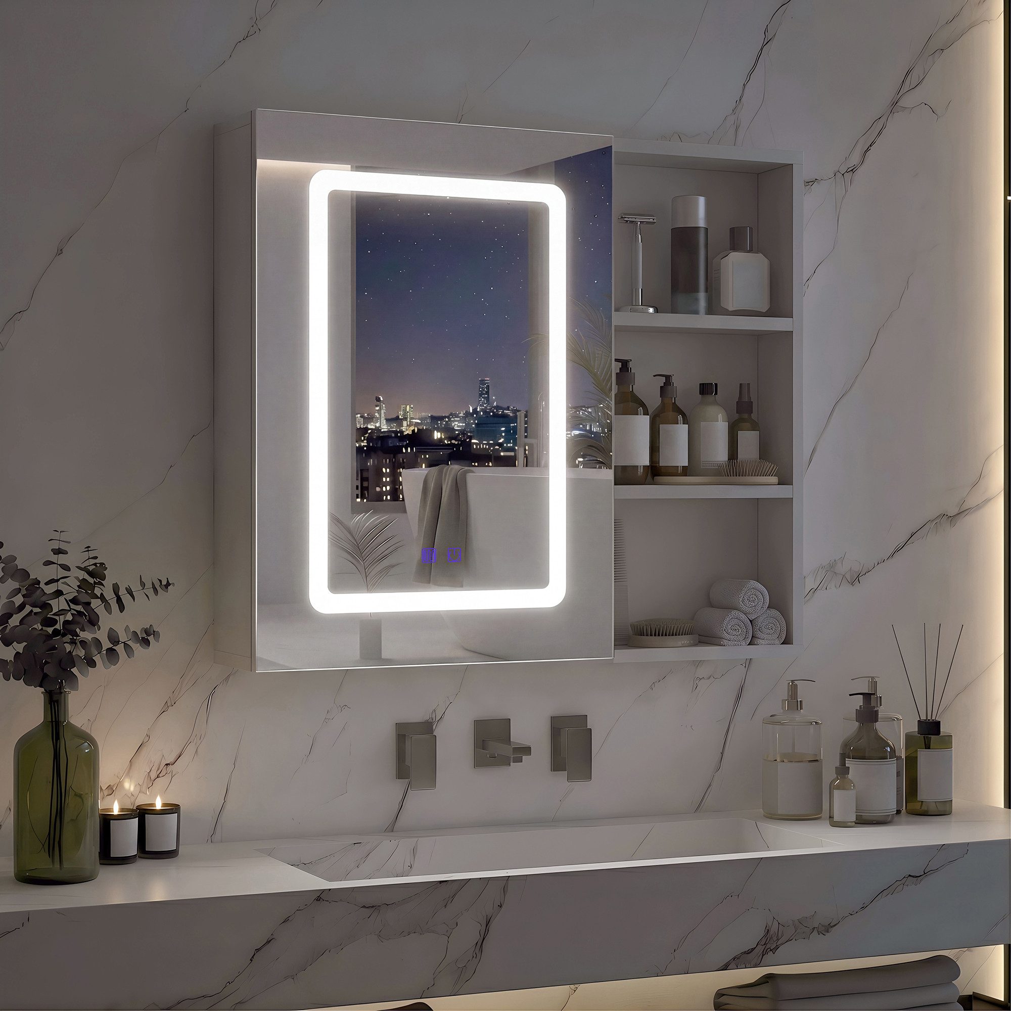 PXloue Badezimmerspiegelschrank mit licht Spiegelschrank bad mit beleuchtung (Einstellung der warmen und kalten Farbtemperatur 3000/4500/6400K) inkl. LED-Beleuchtung, Stecker, Touchschalter, Beschlagfrei