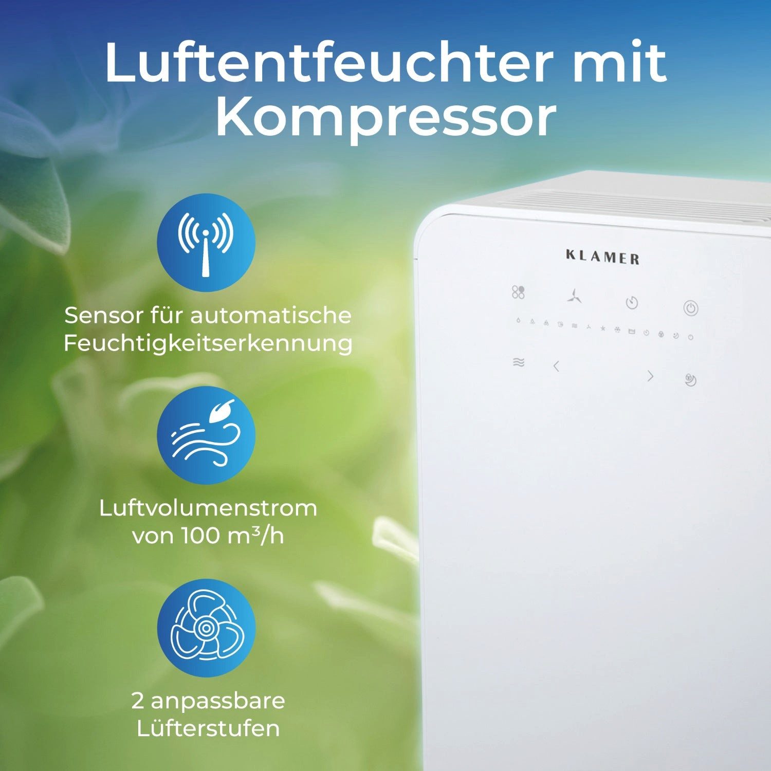 KLAMER Luftentfeuchter Elektrisch 12L, 100m³ Luftumwälzung pro Stunde, 280W starker Raumentf…, Entfeuchtung 12 l/Tag, Timer 1-24h, diverse Modi, Nachtmodus, Feuchtigkeit in 5%-Schritten