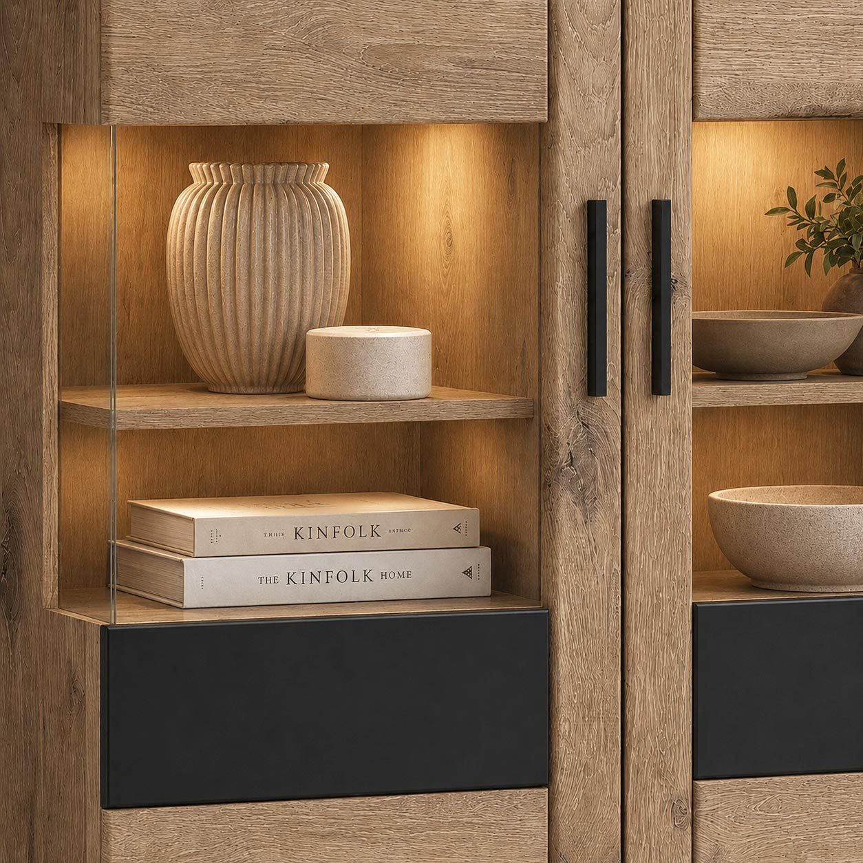 Lomadox Wohnwand GRAHAM-129, (4-St., Vitrine Lowboard Wandboard Highboard), Eiche Dekor mit Grau Türen mit Softclose inkl. Beleuchtung