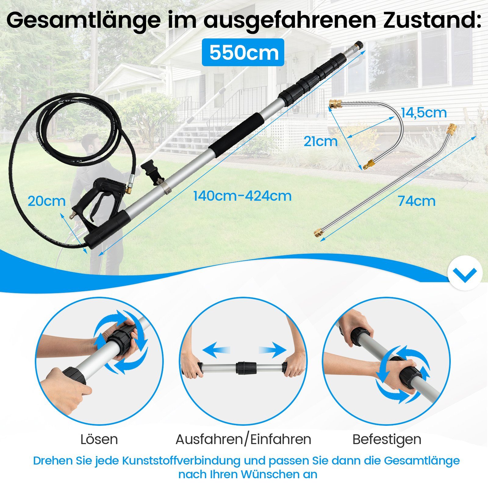 COSTWAY Hochdruckreiniger-Düse, mit 5 Sprühdüsen & 2 Adaptern, 550cm