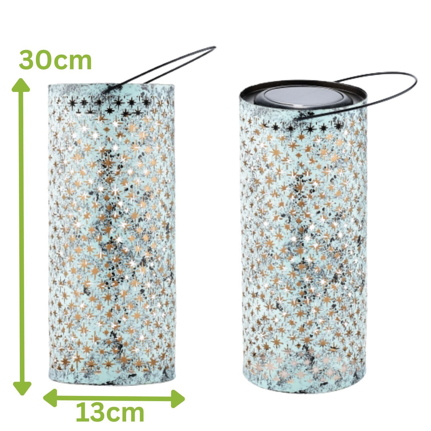 Marrakesch Orient & Mediterran Interior LED Solarleuchte Vintage Solarlaterne Joran handgefertigt aus Metall in Grün 30 cm, LED fest integriert, Hängeleuchte