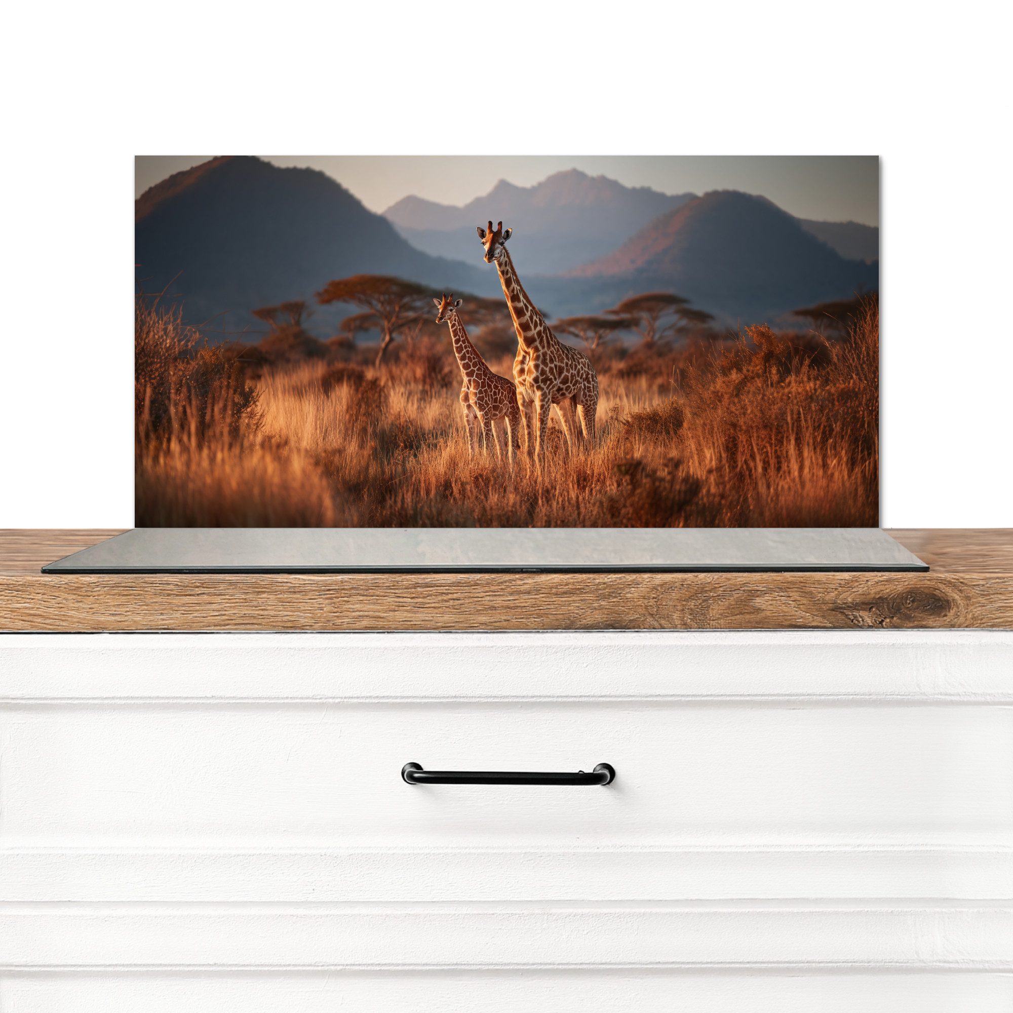 MuchoWow Küchenrückwand Giraffen - Hohes Gras - Akazienbäume, (1-tlg), Spritzschutz Küchenrückwand, Wandschutz, 60x30 cm