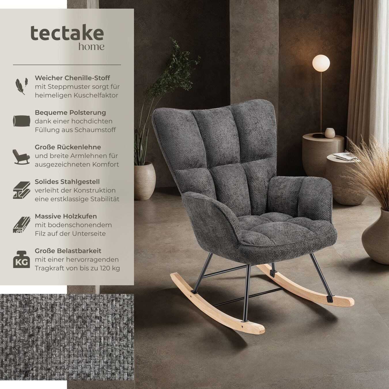 tectake Schaukelstuhl Relaxsessel Torve, gepolstert, Holzkufen, 120 kg Belastbarkeit (Set, 1 St), Samtiger Chenille-Bezug mit stilvollem Steppmuster