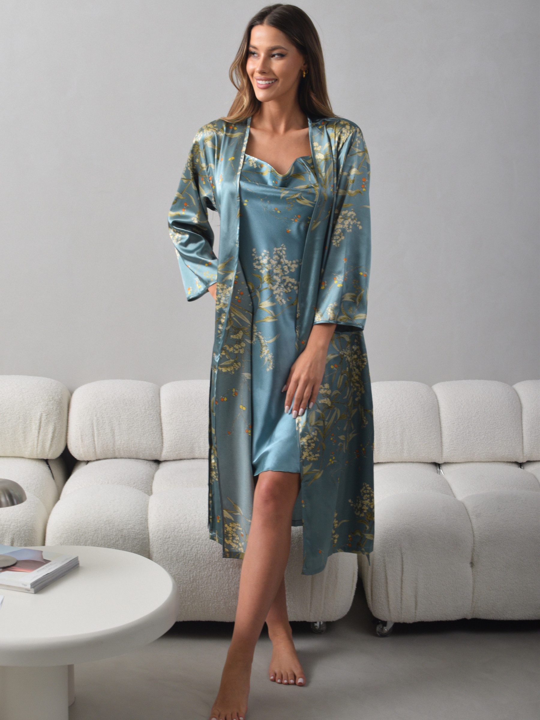 Orchibelle Morgenmantel Luxuriöses Satin Nachtwäsche Set – Damen Kimono & Nachthemd, Bindegürtel, Spaghettiträger, Wasserfallausschnitt, Gürtel, Loungewear & Pyjama Set – Schlafanzug mit Negligee & Robe