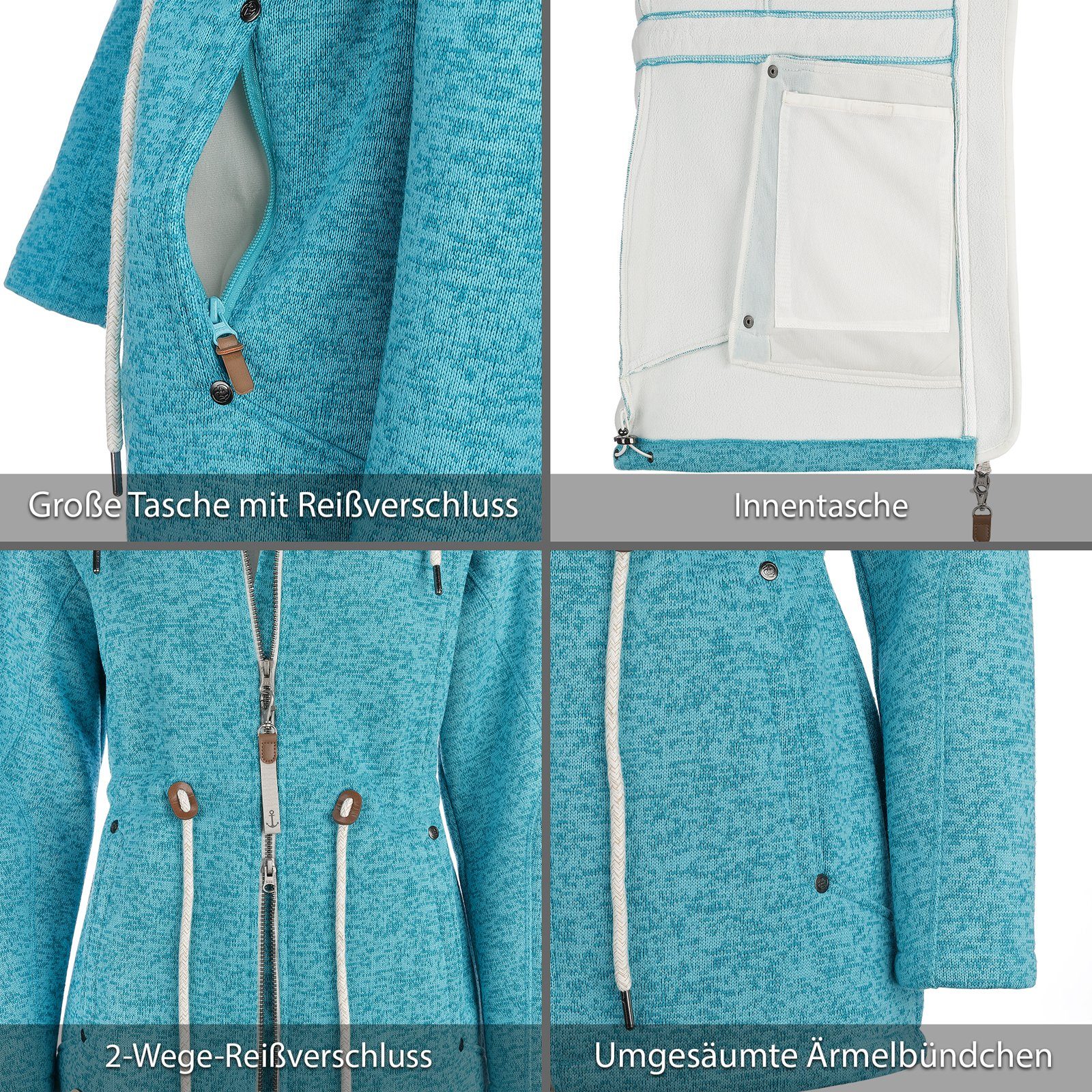 Dry Fashion Wollmantel Fleece-Mantel Wärmende St. blau Kapuze Damen melange capri - Fleecejacke Peter-Ording mit