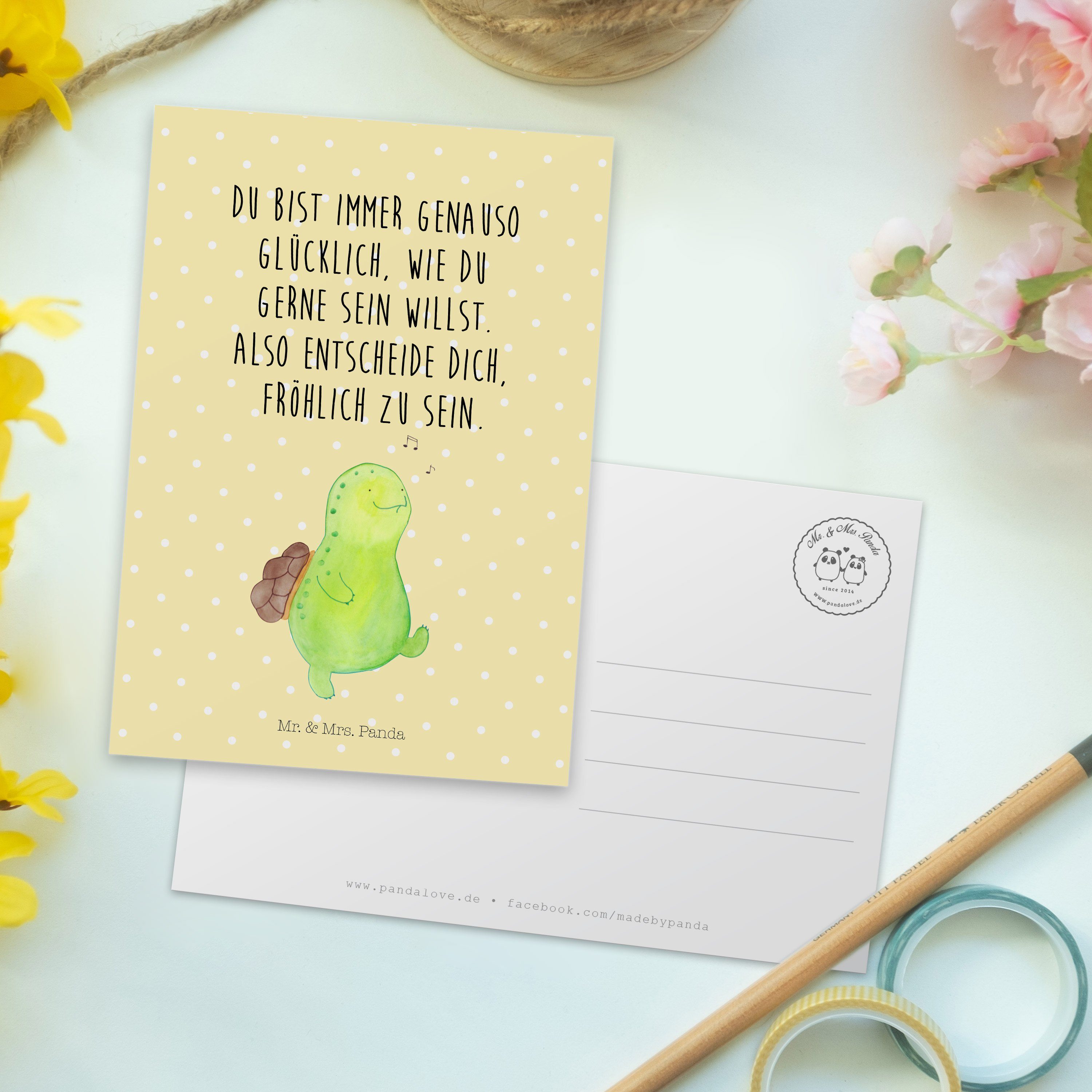 Schildkröte Postkarte Spazieren, Karte, Gelb & Pastell Mrs. Geschenk, - Danke Panda pfeift - Mr.