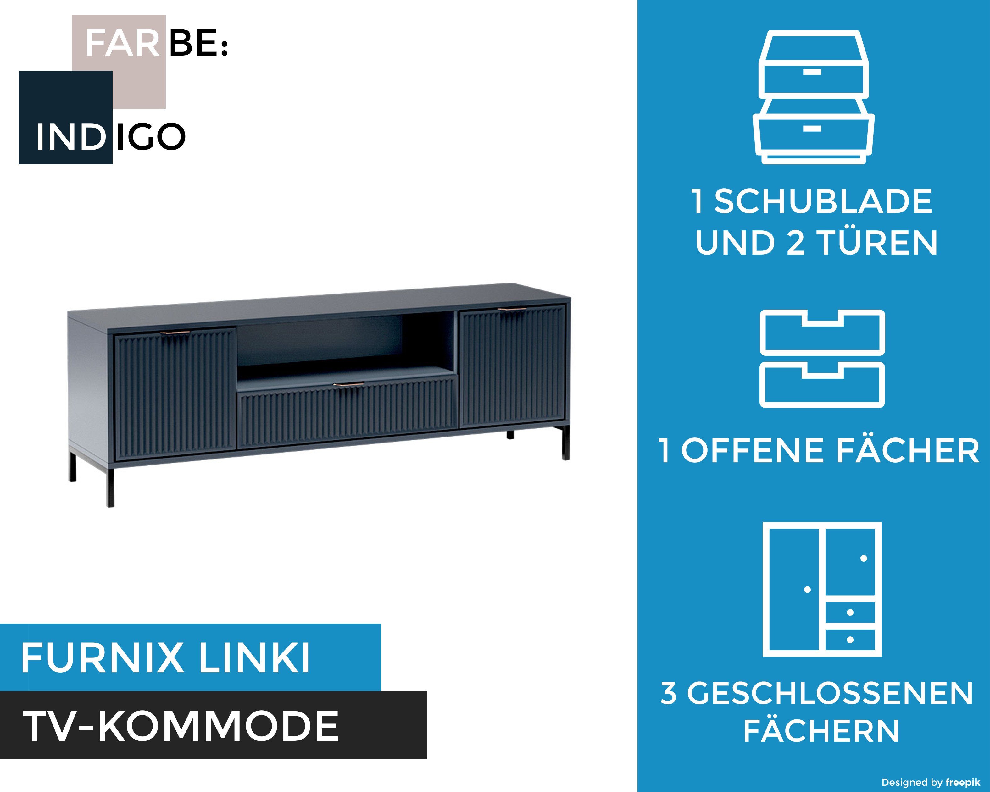 Blickfang, LS4 T40,6 Türen Schublade, LINKI TV-Board B165,3 2 1 x Loft-Design Industrial, mit cm H55,6 x in und TV-Kommode Furnix Indigo