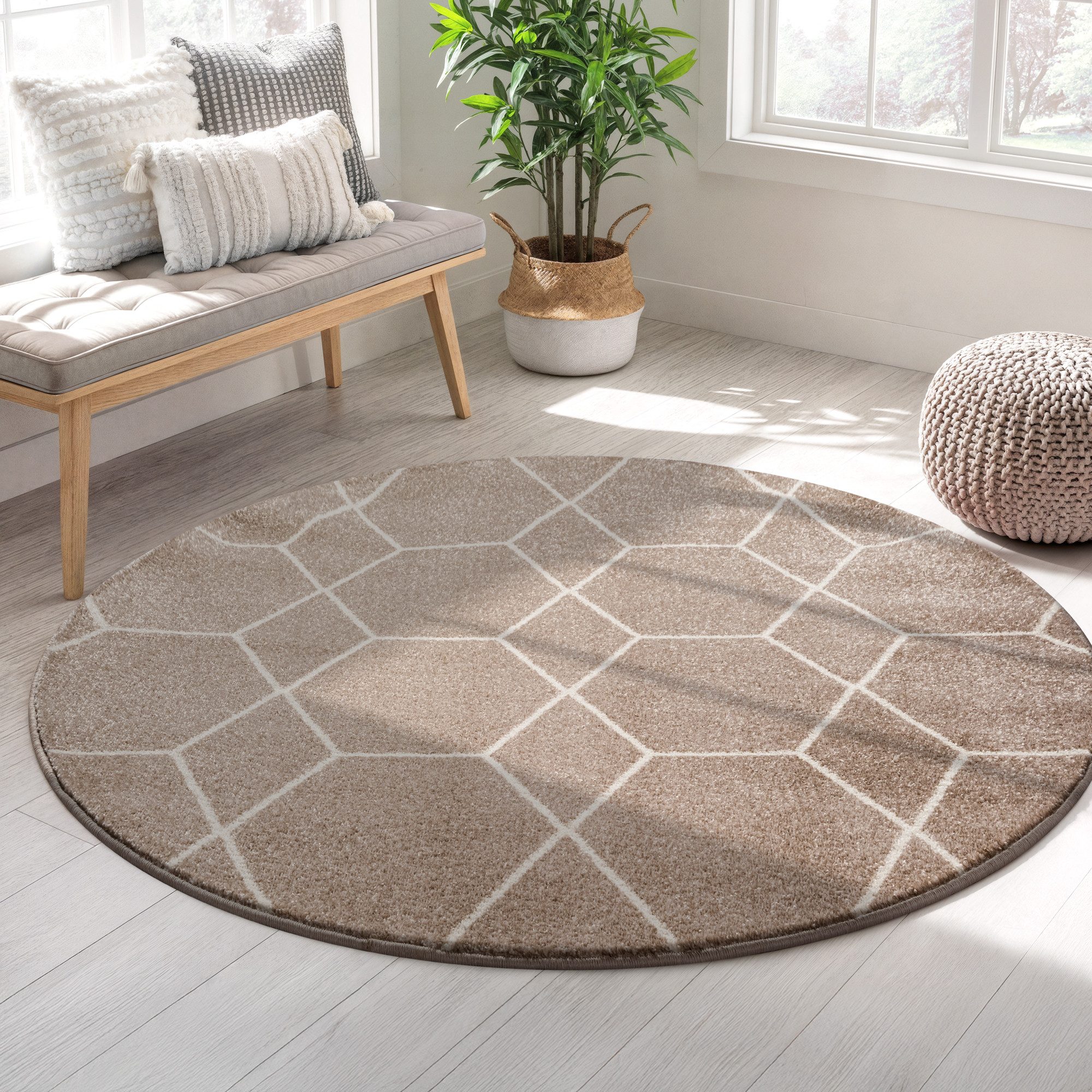 Sanat Teppich Trellis, auch als Läufer und Rund, rund, Höhe: 10 mm, Kurzflor, skandi, boho, große Farbauswahl, alle Räume