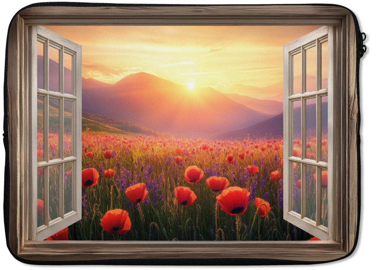 MuchoWow Laptop-Hülle Durchsichtig - Mohnblumen - Blumen - Rot - Offenes Fenster 13.3 Zoll, Laptopsleeve, weiches Innenfutter zum Schutz Kratzern, Laptoptasche