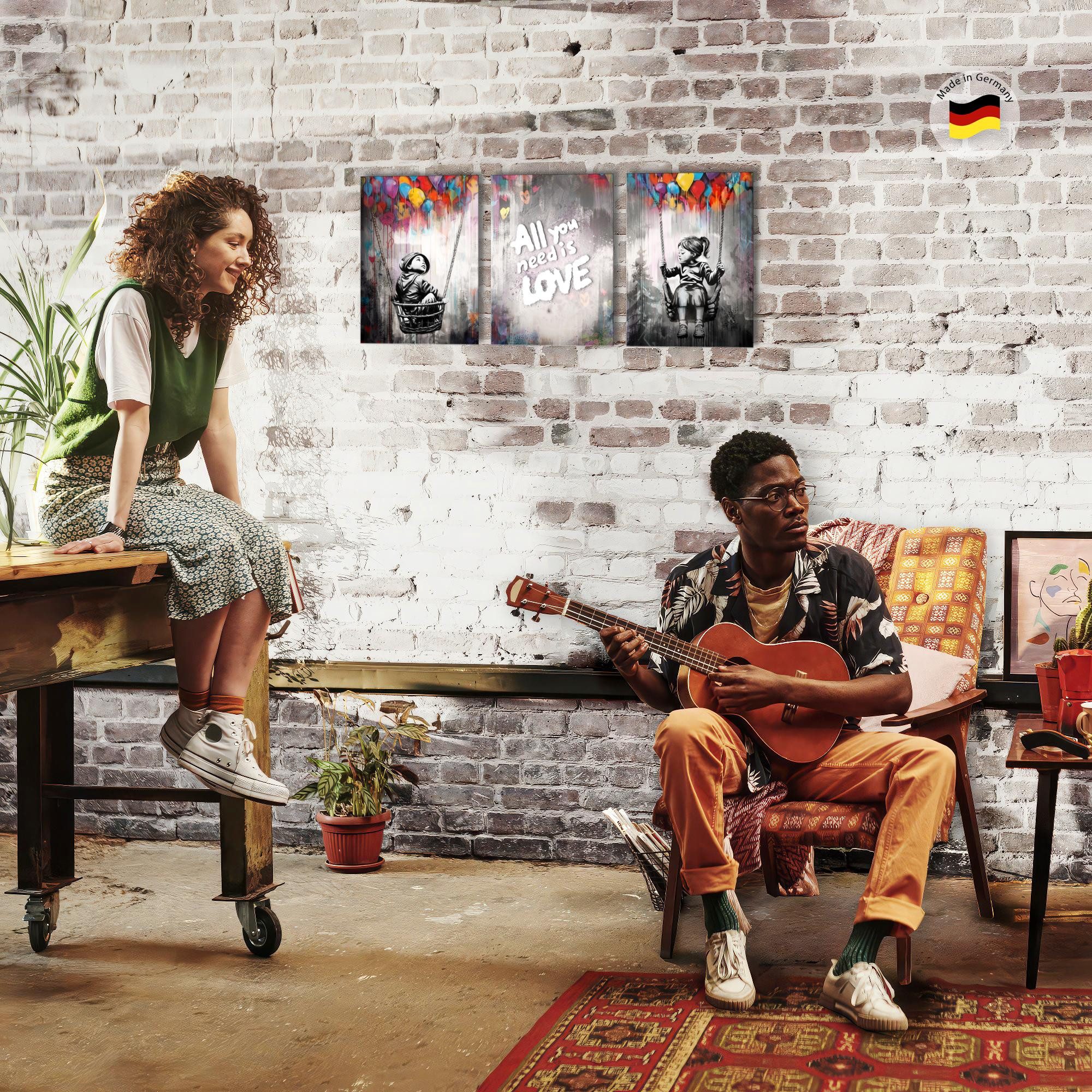 Novart Wandbild Set Banksy Style Collage 3 Bilder Wohnzimmer Streetart, Collage – Bild 4 von 5