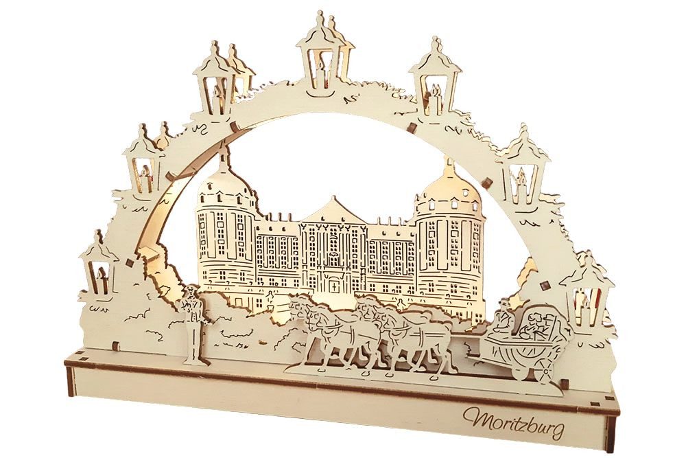 DeColibri LED Schwibbogen DIY Bausatz 3D LED Schwibbogen - Dresden Schloss Moritzburg, Batterie, Holzkunst aus Sachsen, beleuchtet