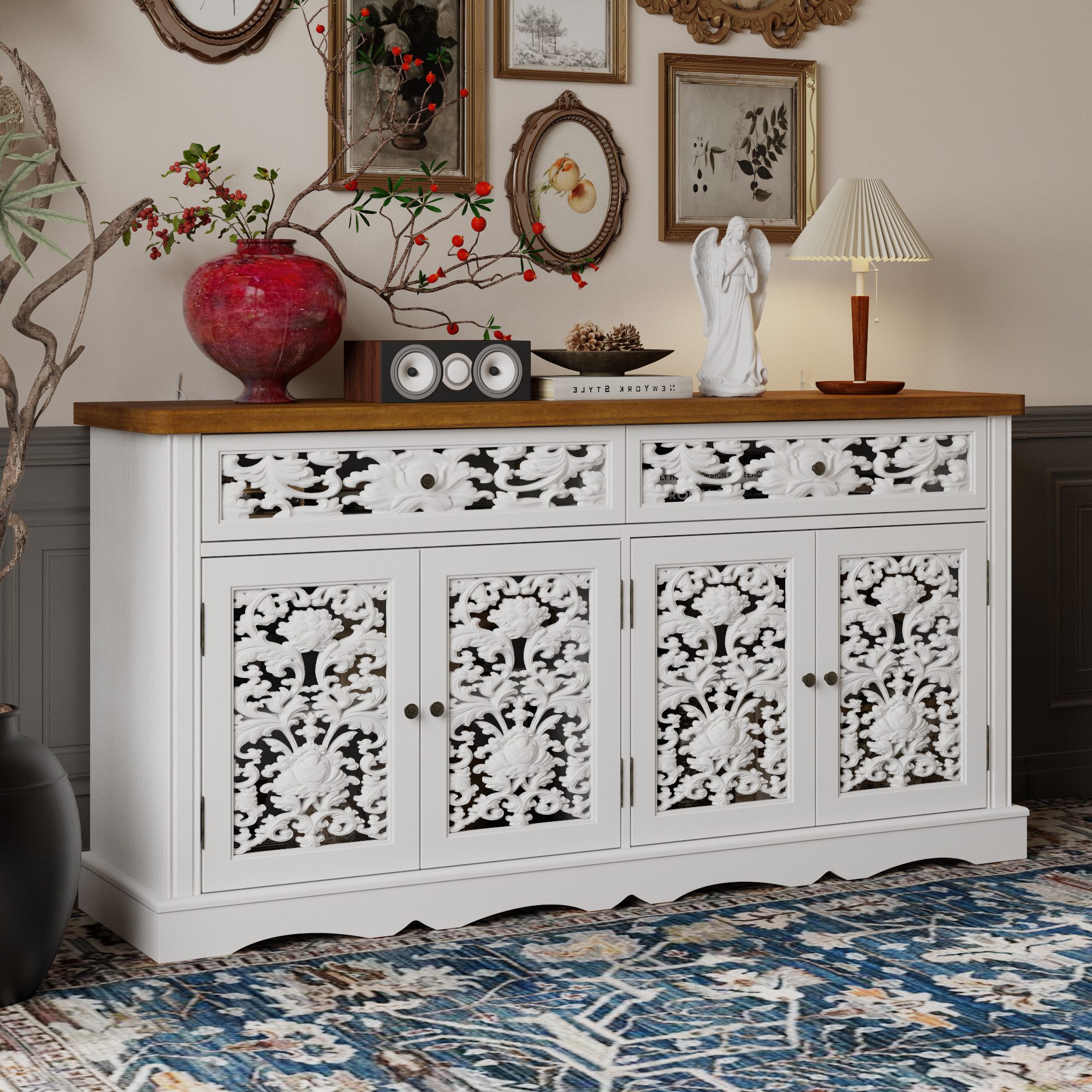 HOMSEE Sideboard Kommode Rokoko mit 2 Schubladen & 4 Türen verstellbar (1 St), Edler Rokoko-Stil mit viel Stauraum & verstellbaren Böden – Bild 4 von 5