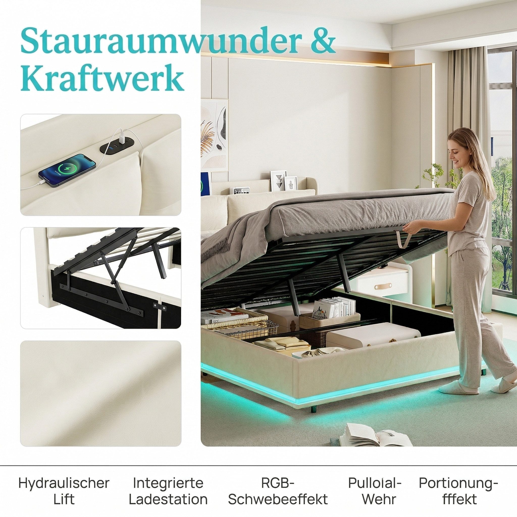 PXloue Polsterbett Hydraulisches Stauraumbett Doppelbett, Kopfteil mit Drahtloses Aufladen, USB and type C Ladeport, 140x200 cm – Bild 4 von 5