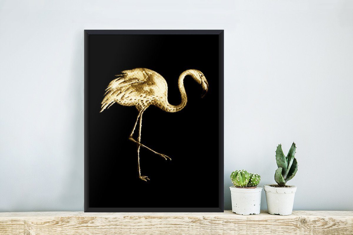 MuchoWow Poster Gold - (1 - St), Flamingo Schwarz, Wanddeko, Gerahmtes Schwarzem Bilder, Bilderrahmen Wandposter, Poster