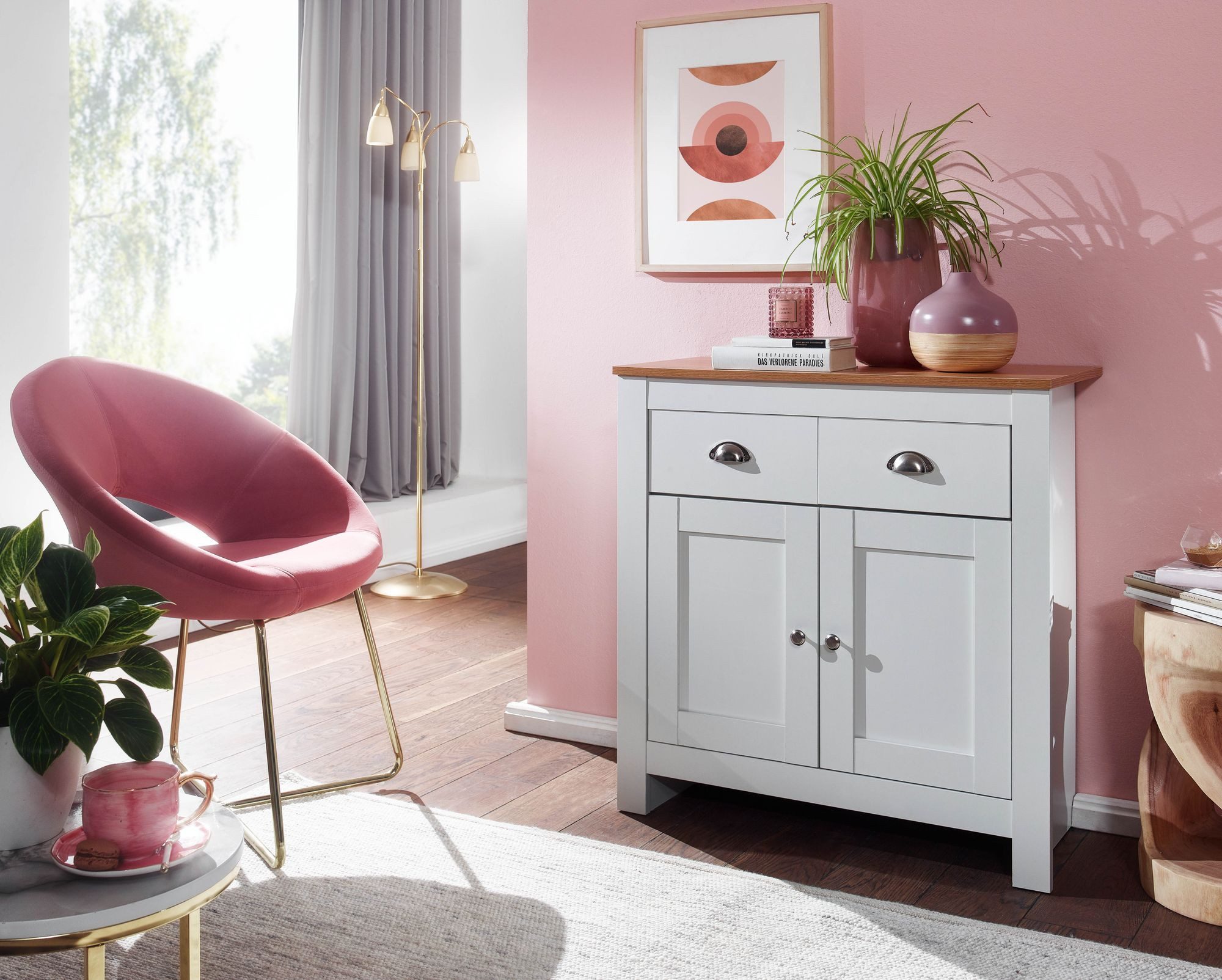 FINEBUY Sideboard FB72120 MDF Weiß - Eiche 80cm Kommode mit 2 Schubladen & günstig online kaufen