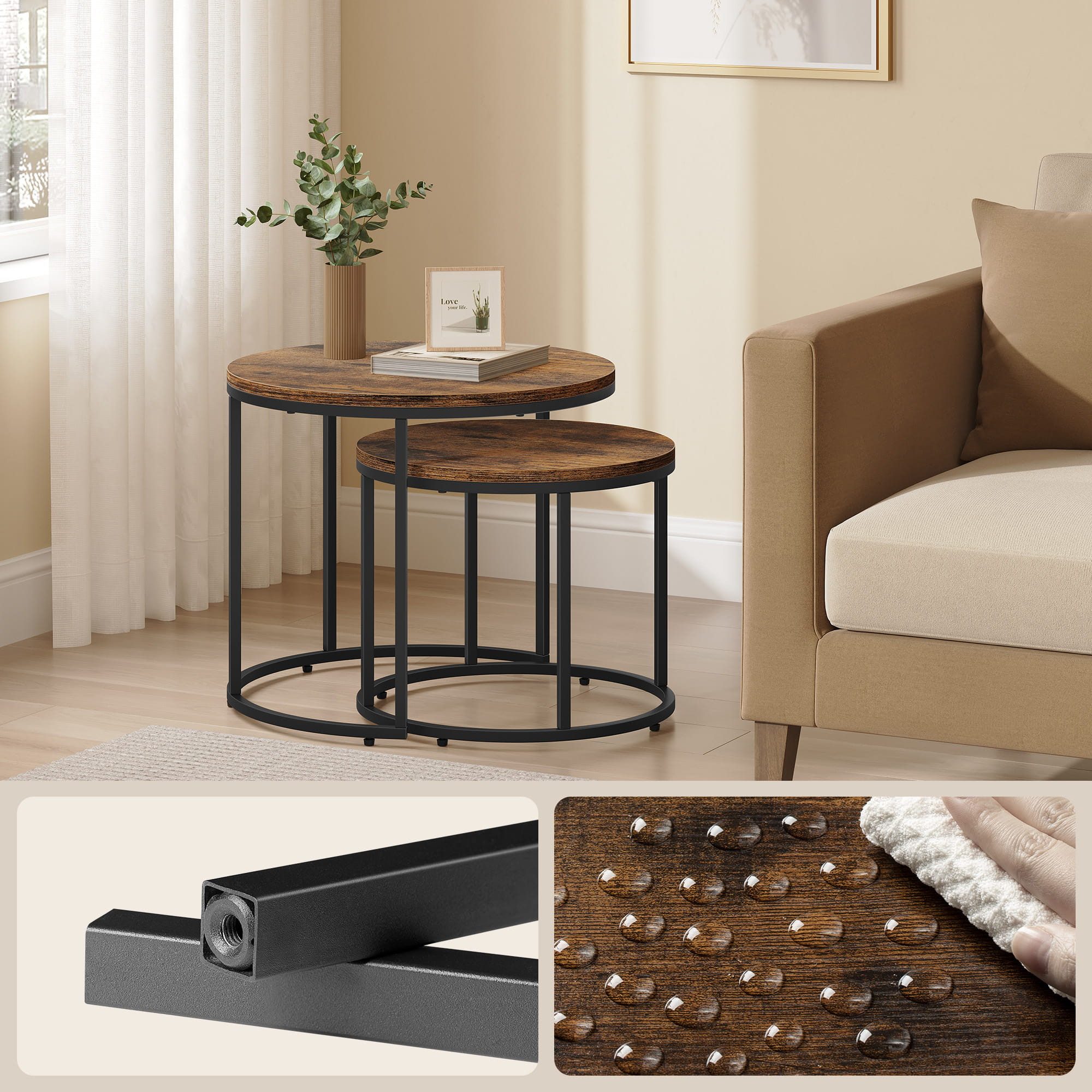 Home Collective Couchtisch 2er Set Beistelltisch Loft Design 2in1 Verschachtelung Wohnzimmer, kratzfeste Oberfläche 53cm & 43cm Rustikal-Eiche schwarzen Beinen  – Bild 4 von 5
