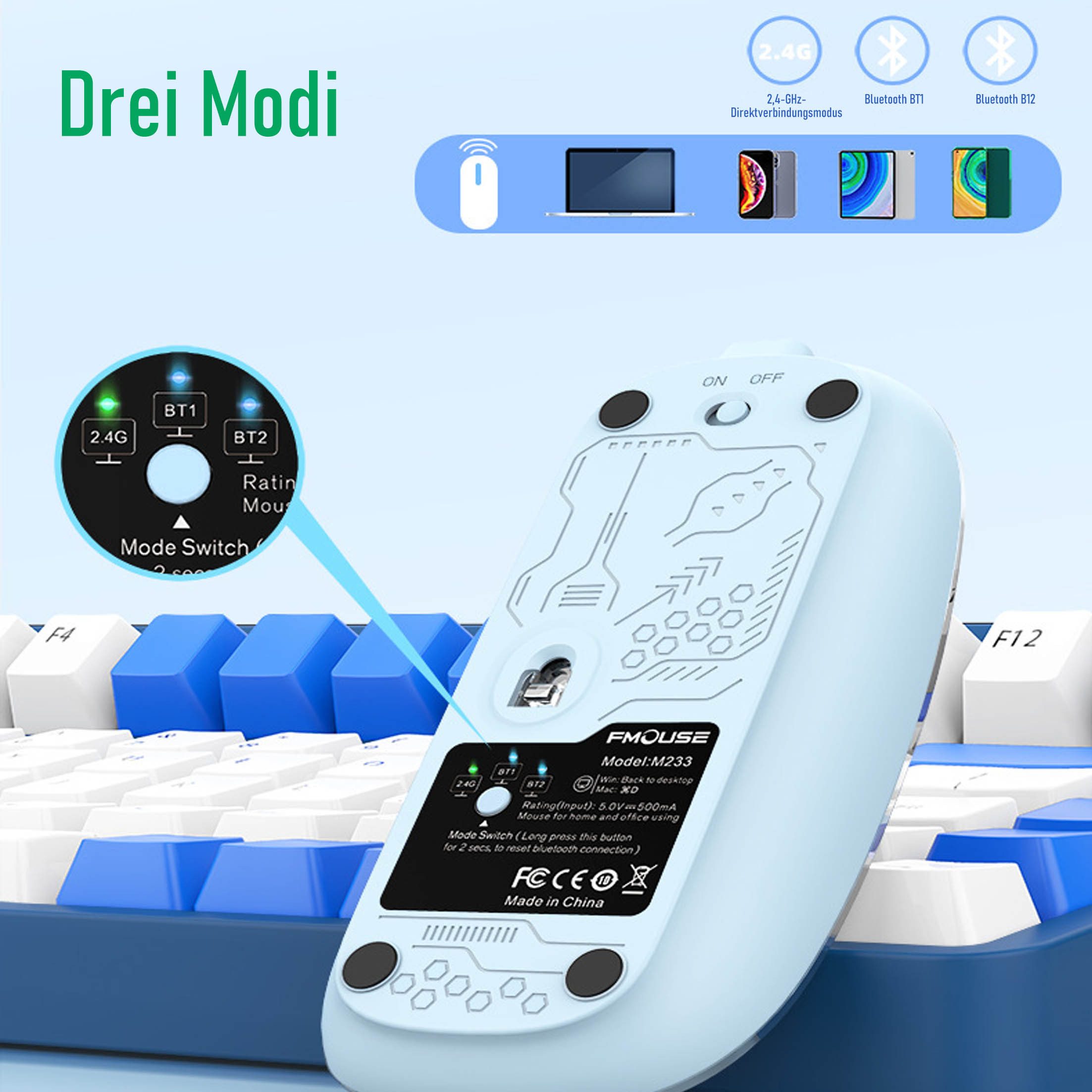 KINSI Drahtlose Bluetooth Maus, Büromaus, 3 Betriebsmodi, wiederaufladbar Maus (Bluetooth, 800–1200–1600 DPI, 5 Tasten)