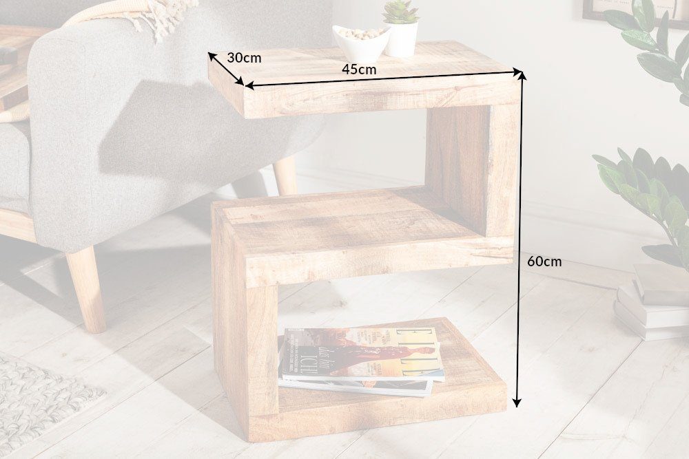riess-ambiente Beistelltisch S 60cm natur - Mangoholz, Ablage, kompakt, vielseitig, dreistufig, Massiver S-förmiger Sofatisch - ideal für Praxen, Wohn- & Schlafzimmer